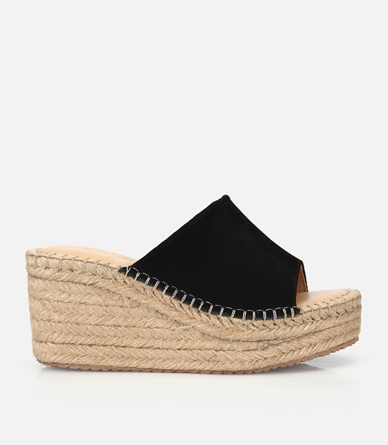 Kadın Süet  Deri Siyah Hasır Detaylı Dolgu Topuklu Terlik