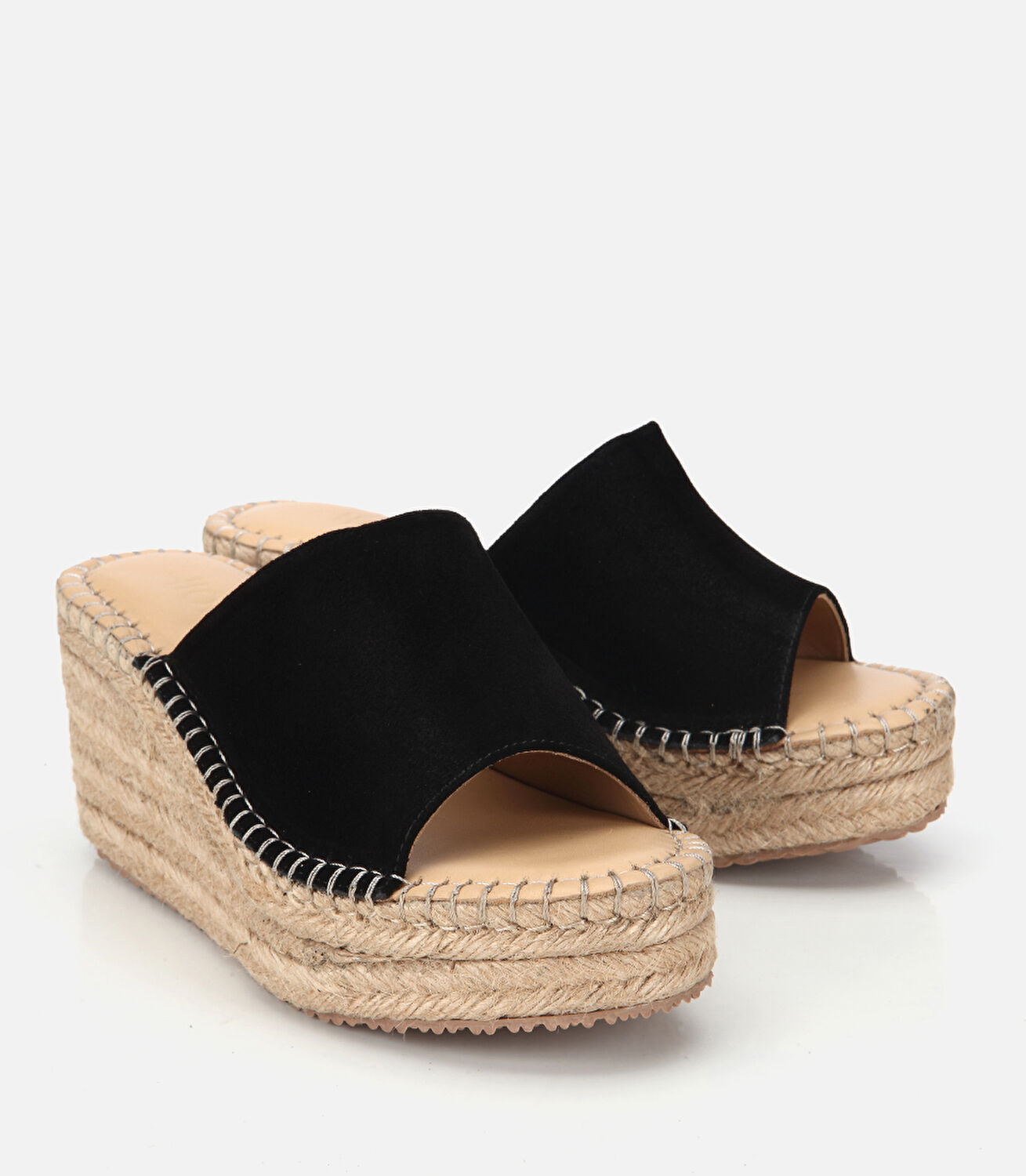 Kadın Süet  Deri Siyah Hasır Detaylı Dolgu Topuklu Terlik