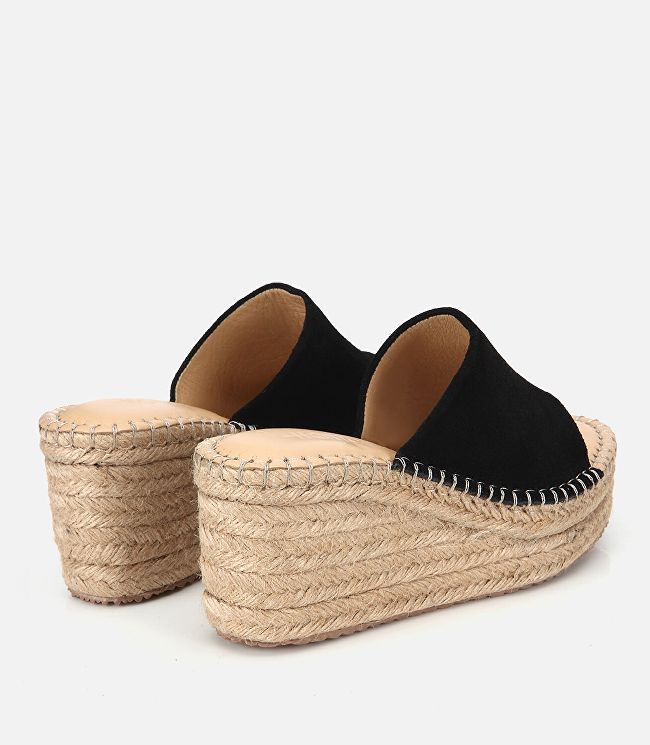 Kadın Süet  Deri Siyah Hasır Detaylı Dolgu Topuklu Terlik