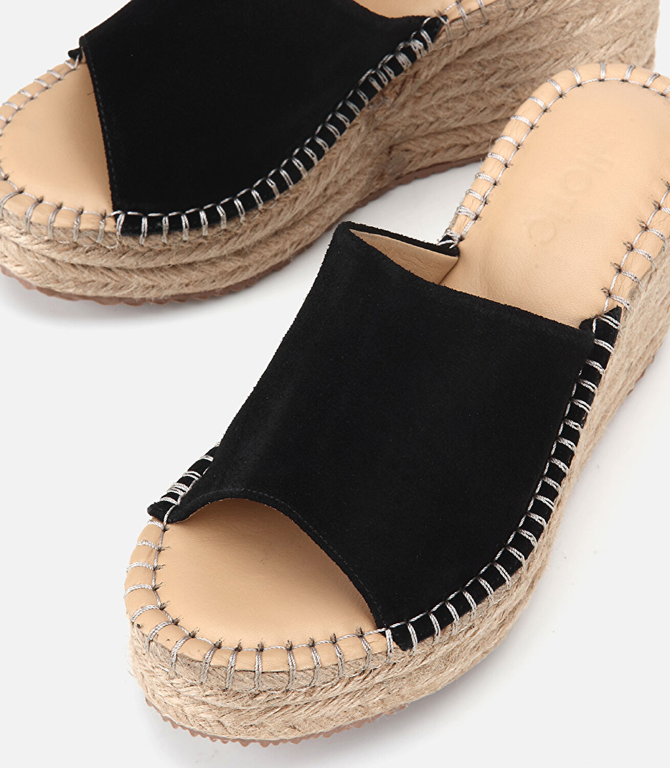 Kadın Süet  Deri Siyah Hasır Detaylı Dolgu Topuklu Terlik