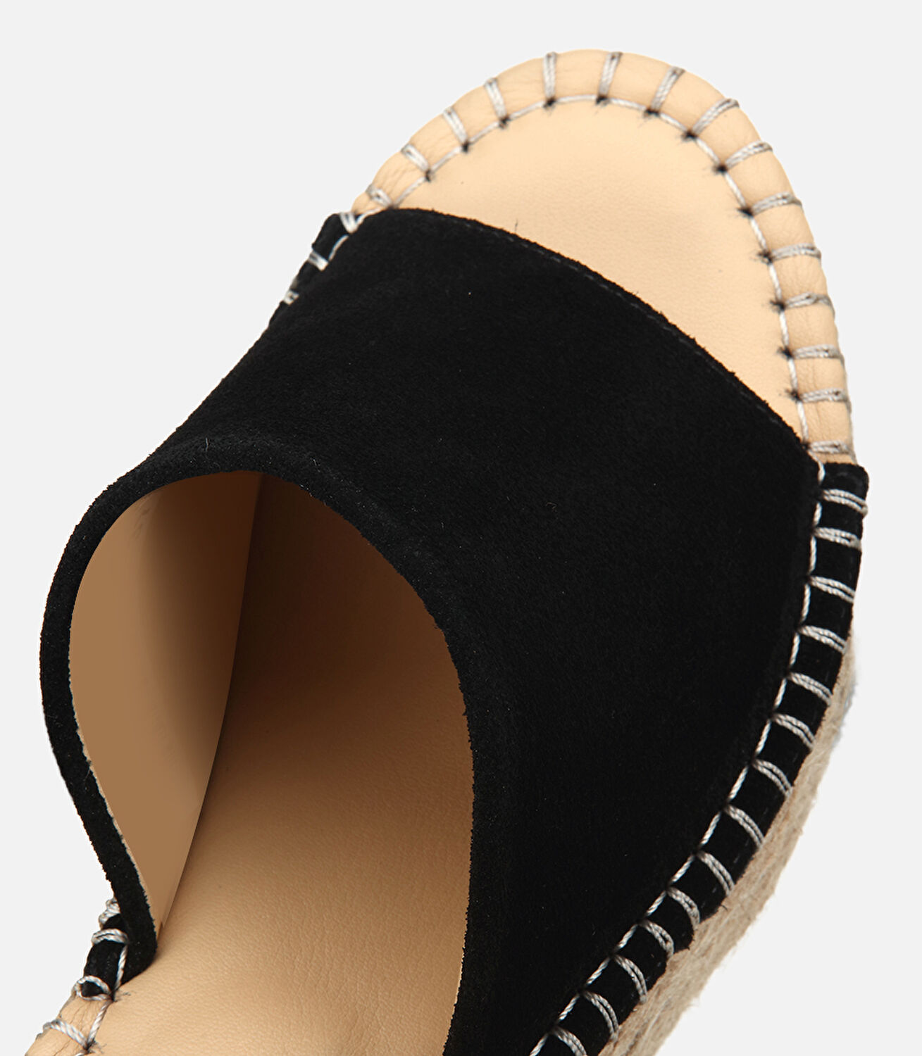 Kadın Süet  Deri Siyah Hasır Detaylı Dolgu Topuklu Terlik