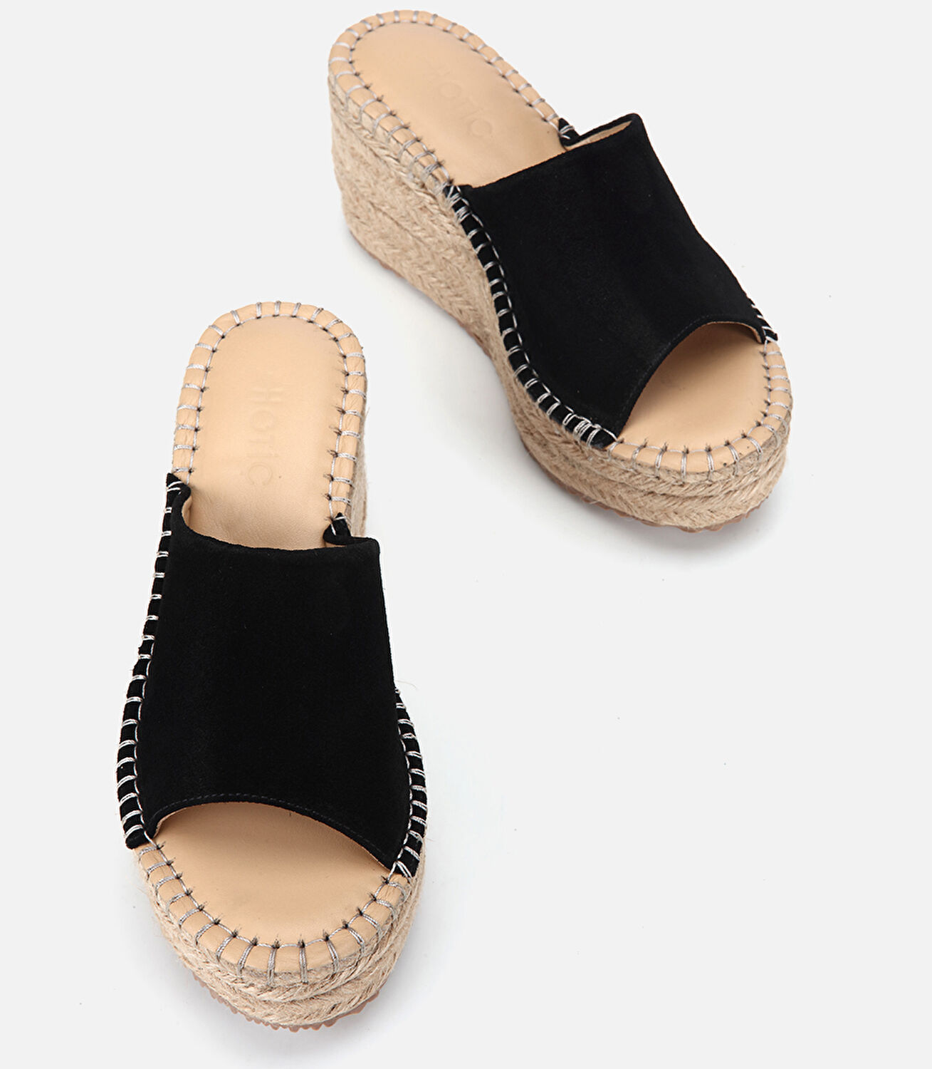 Kadın Süet  Deri Siyah Hasır Detaylı Dolgu Topuklu Terlik