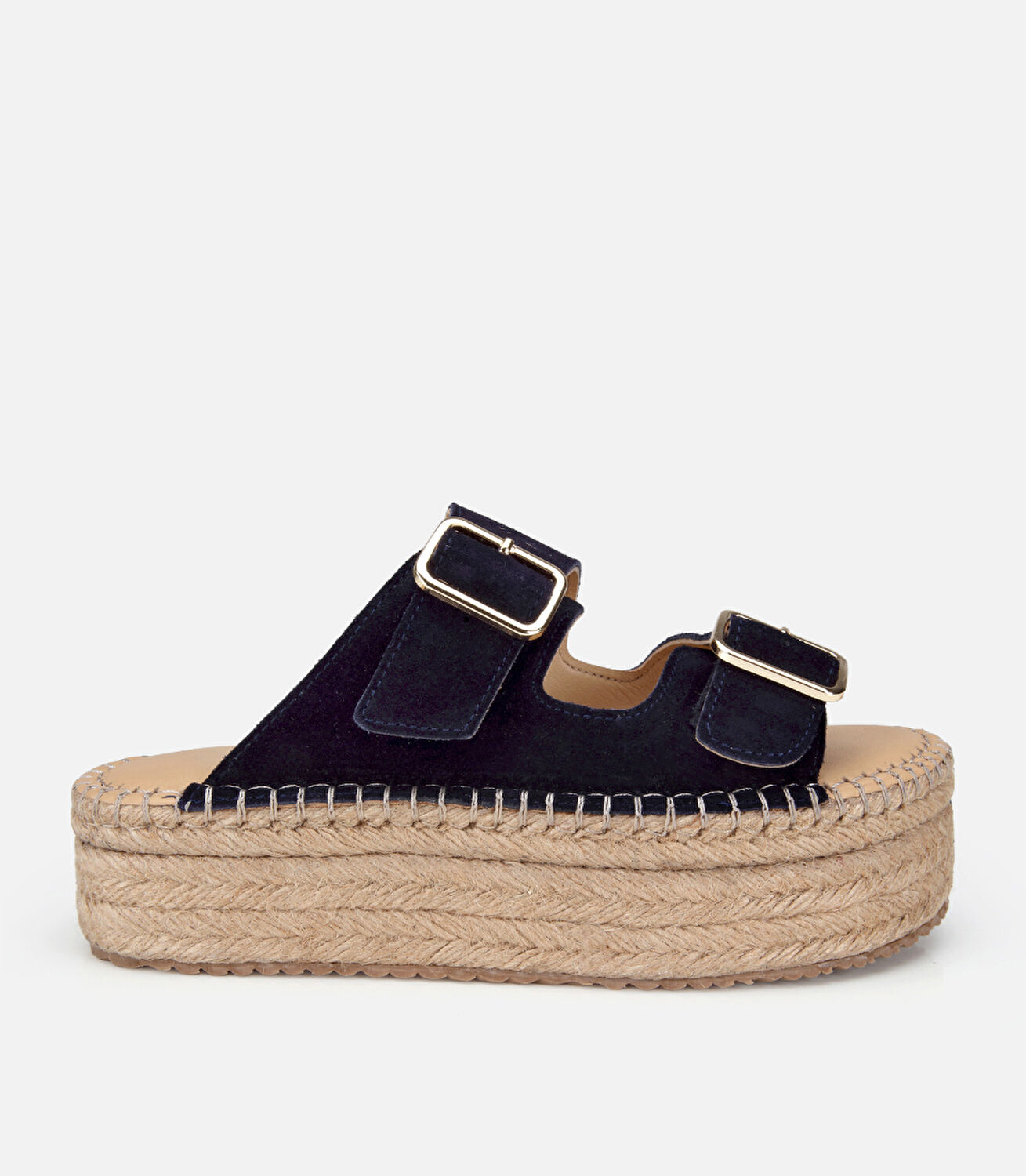 Kadın Süet Deri Lacivert Hasır Kalın Tabanlı Terlik