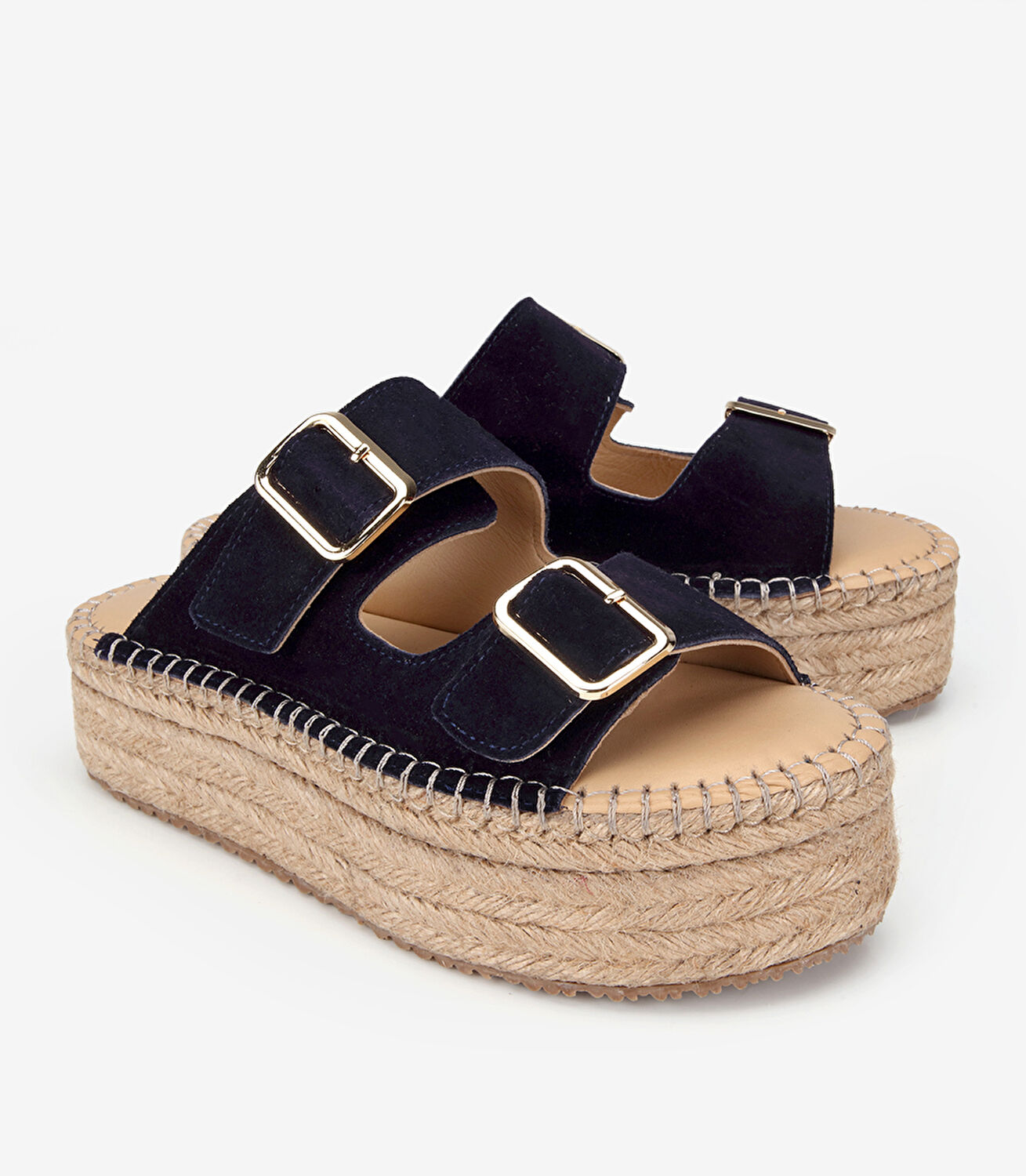 Kadın Süet Deri Lacivert Hasır Kalın Tabanlı Terlik
