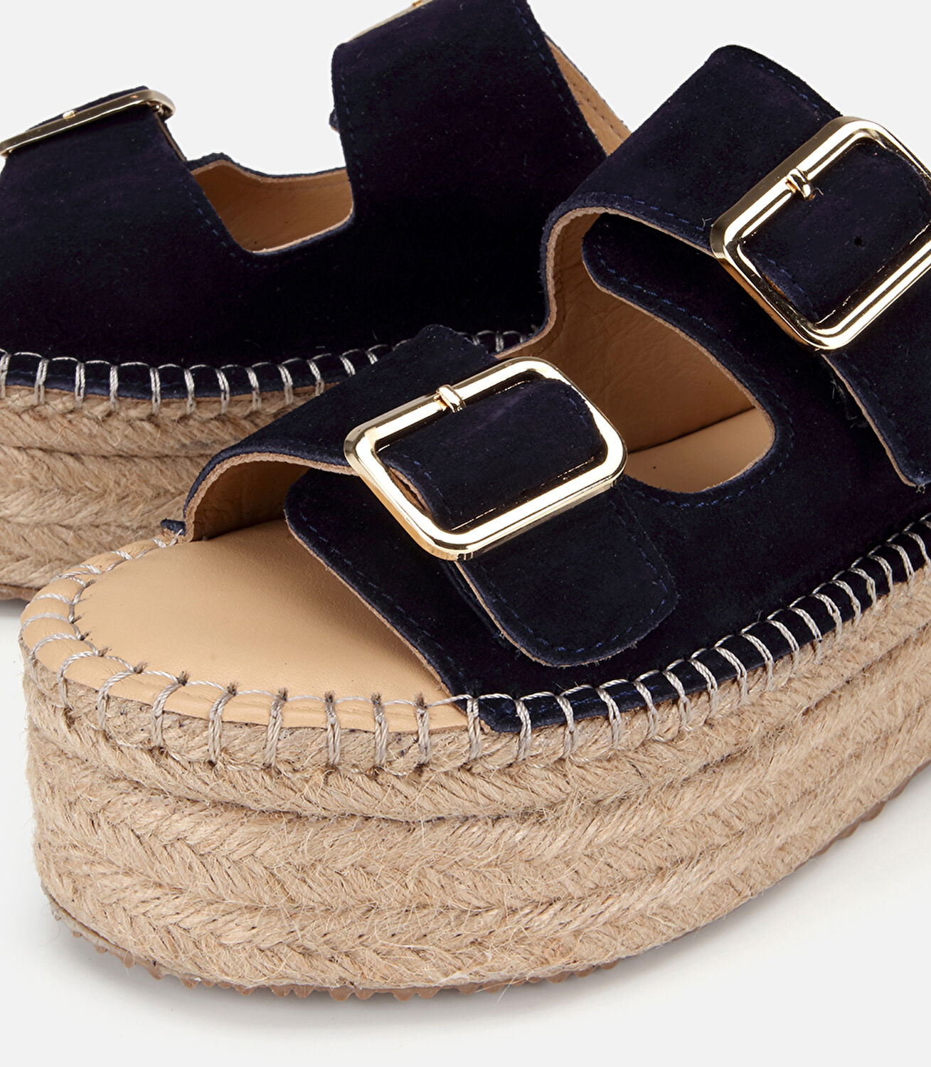 Kadın Süet Deri Lacivert Hasır Kalın Tabanlı Terlik