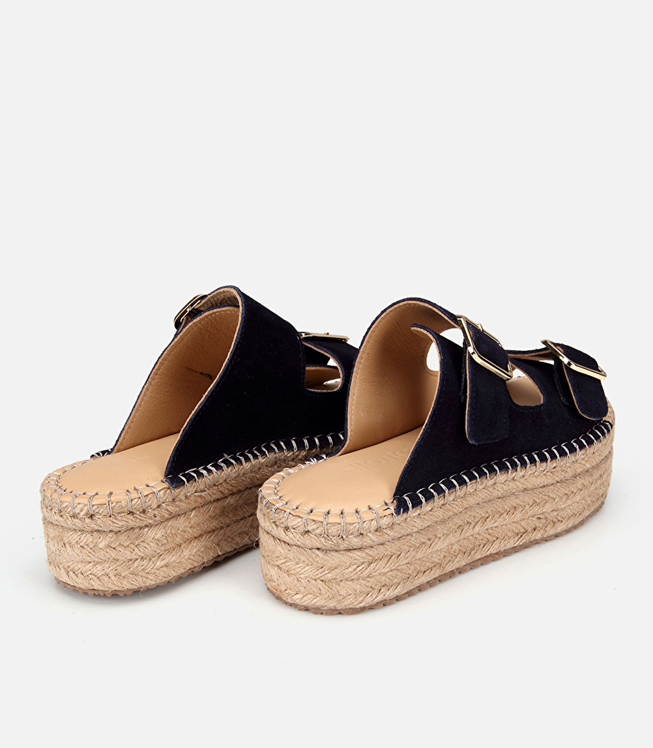 Kadın Süet Deri Lacivert Hasır Kalın Tabanlı Terlik