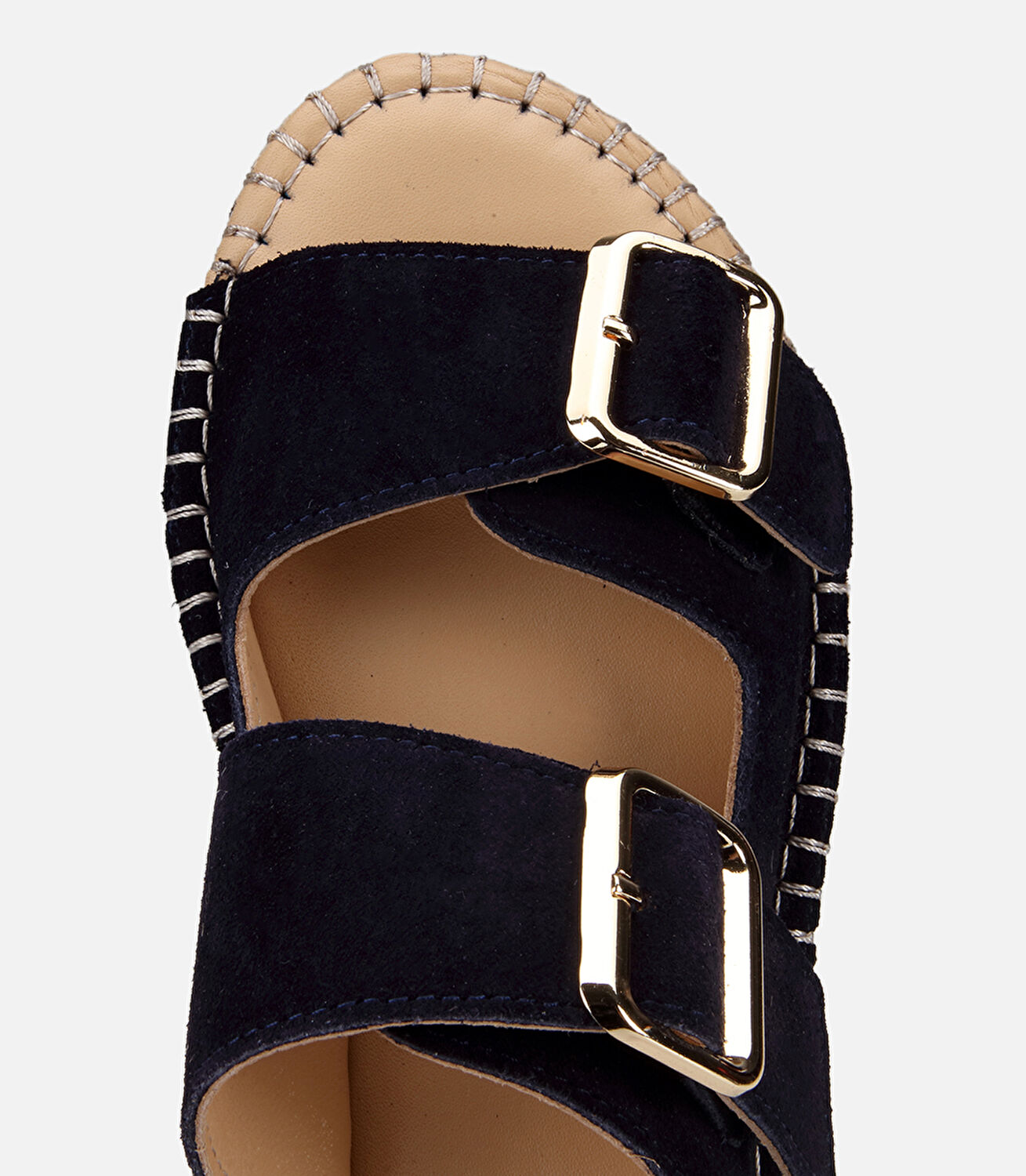 Kadın Süet Deri Lacivert Hasır Kalın Tabanlı Terlik