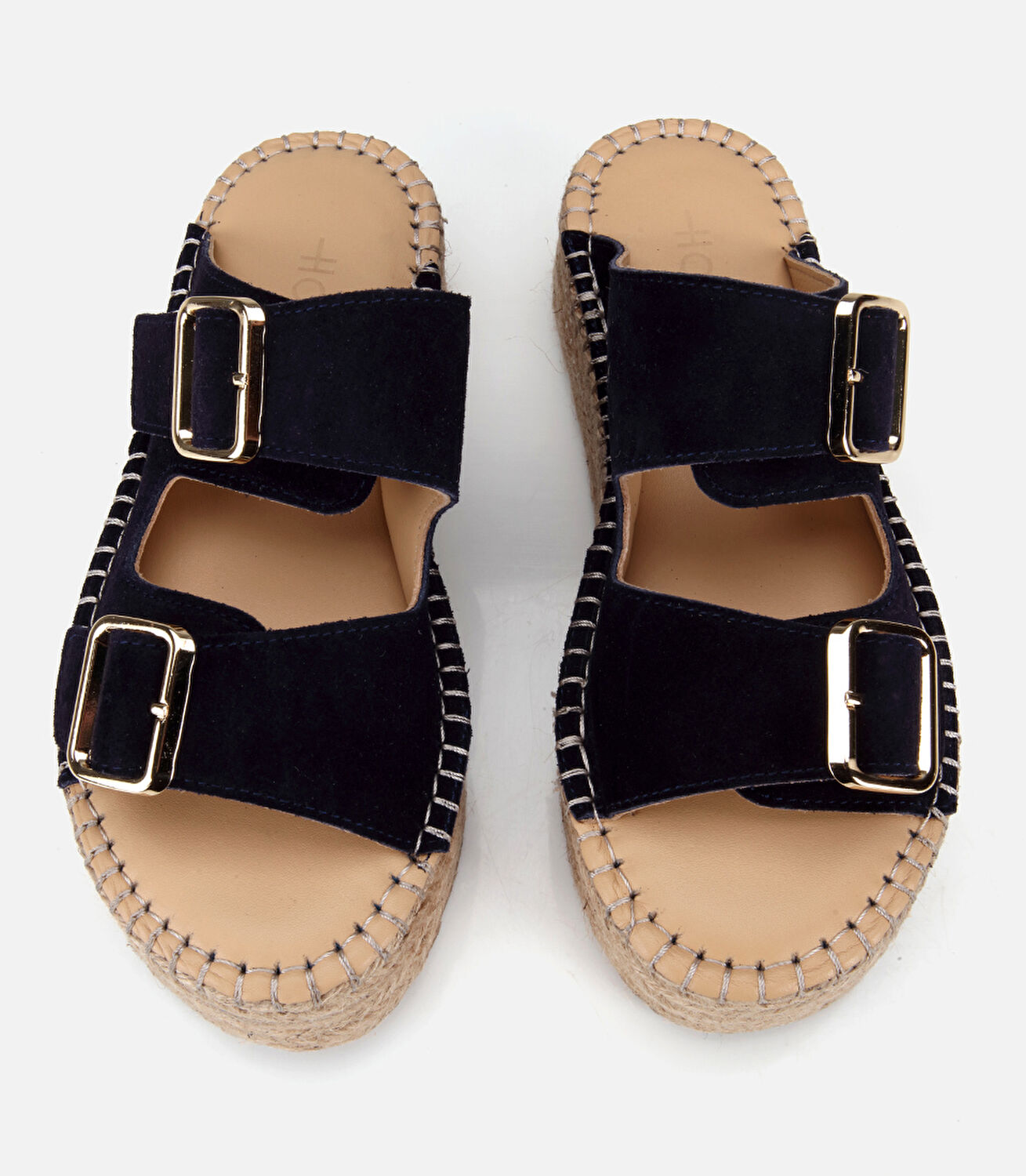 Kadın Süet Deri Lacivert Hasır Kalın Tabanlı Terlik