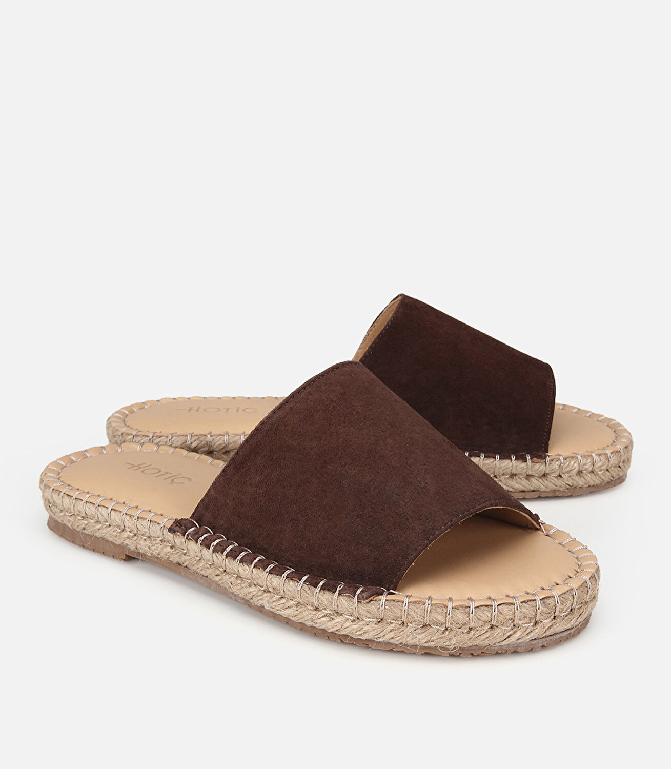 Kadın Süet Deri Kahverengi Hasır Tabanlı Düz Terlik