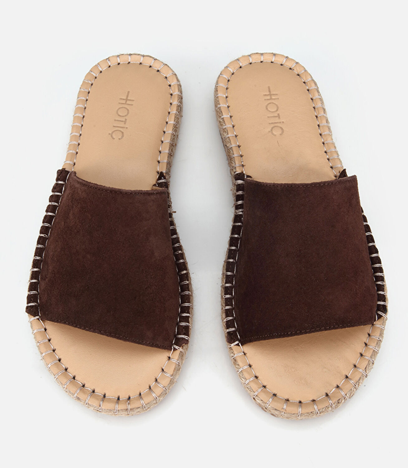 Kadın Süet Deri Kahverengi Hasır Tabanlı Düz Terlik