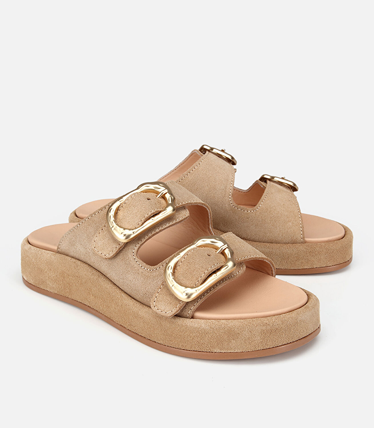 Kadın Süet Deri Bej Gold Tokalı Düz Terlik