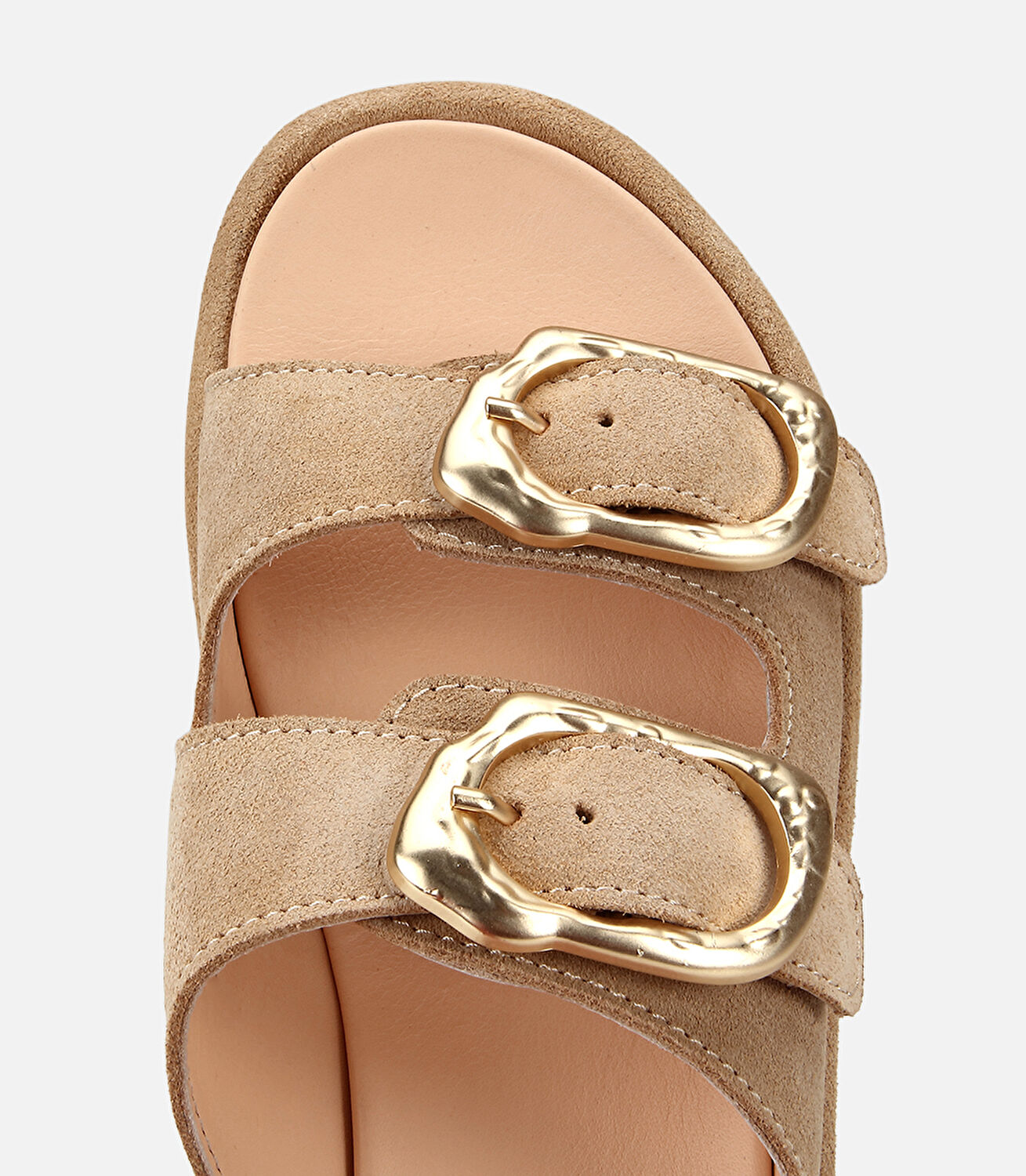 Kadın Süet Deri Bej Gold Tokalı Düz Terlik