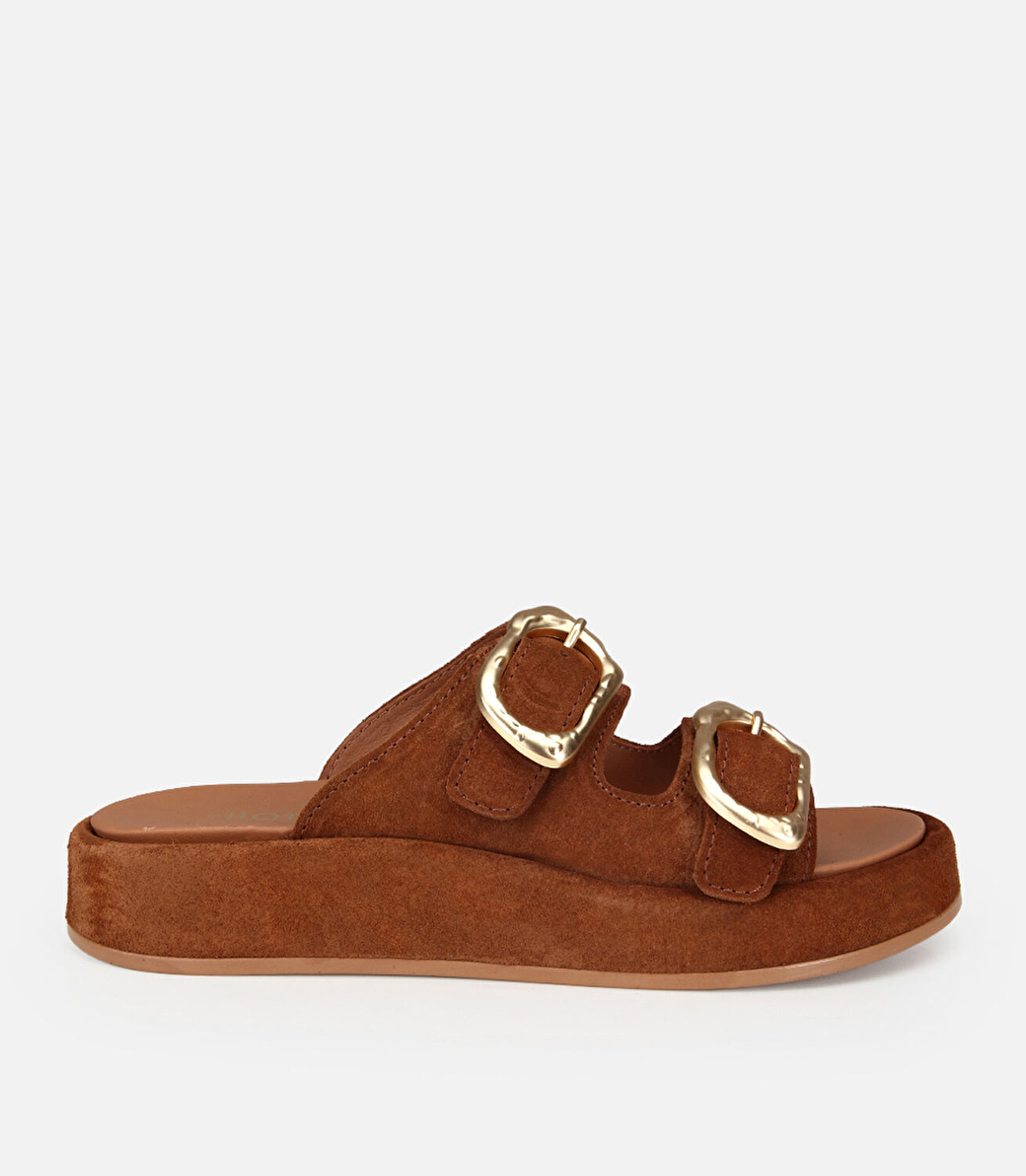 Kadın Süet Deri Taba Gold Tokalı Düz Terlik