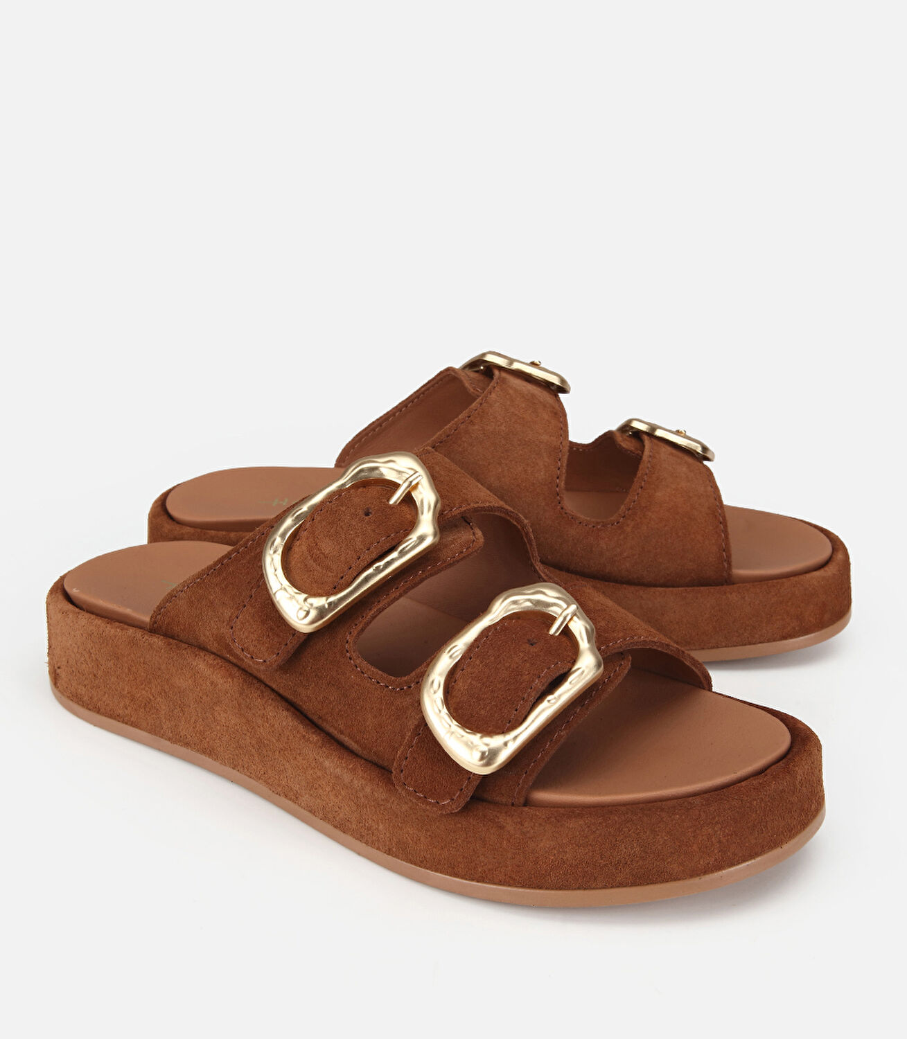 Kadın Süet Deri Taba Gold Tokalı Düz Terlik