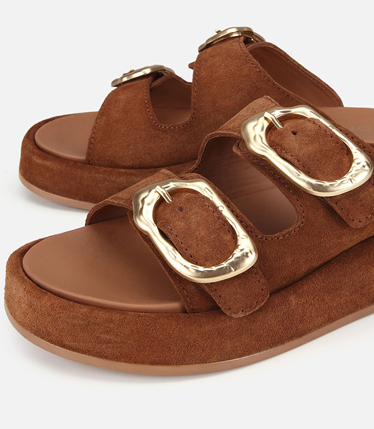 Kadın Süet Deri Taba Gold Tokalı Düz Terlik