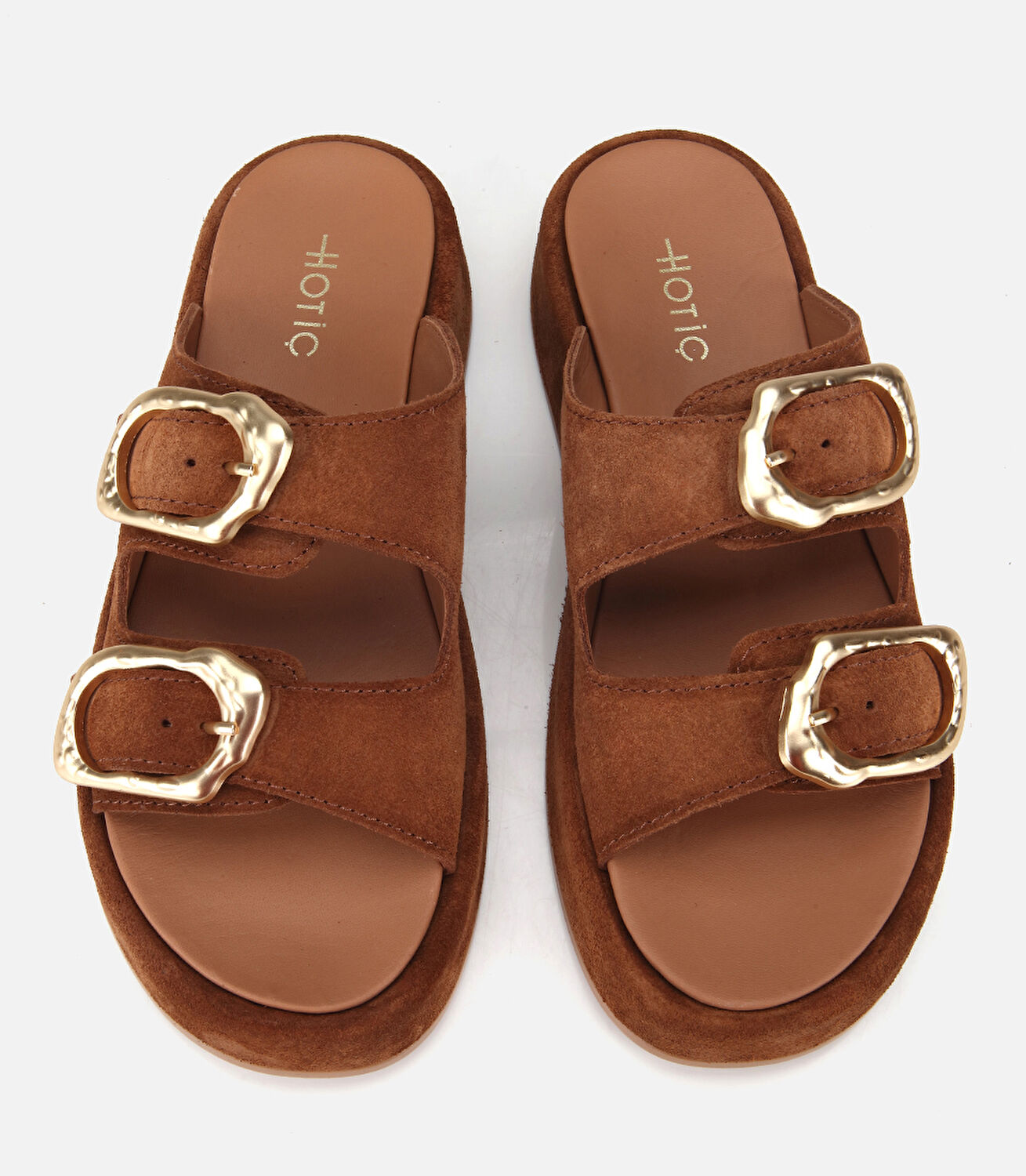 Kadın Süet Deri Taba Gold Tokalı Düz Terlik