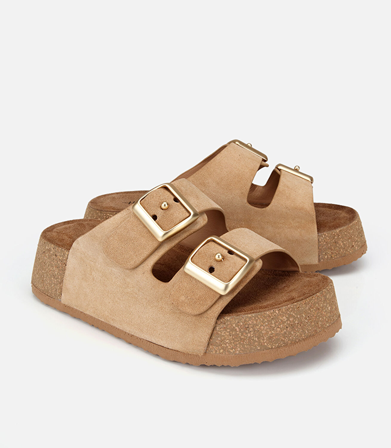 Kadın Deri Bej Toka Detaylı Kalın Tabanlı Düz Terlik