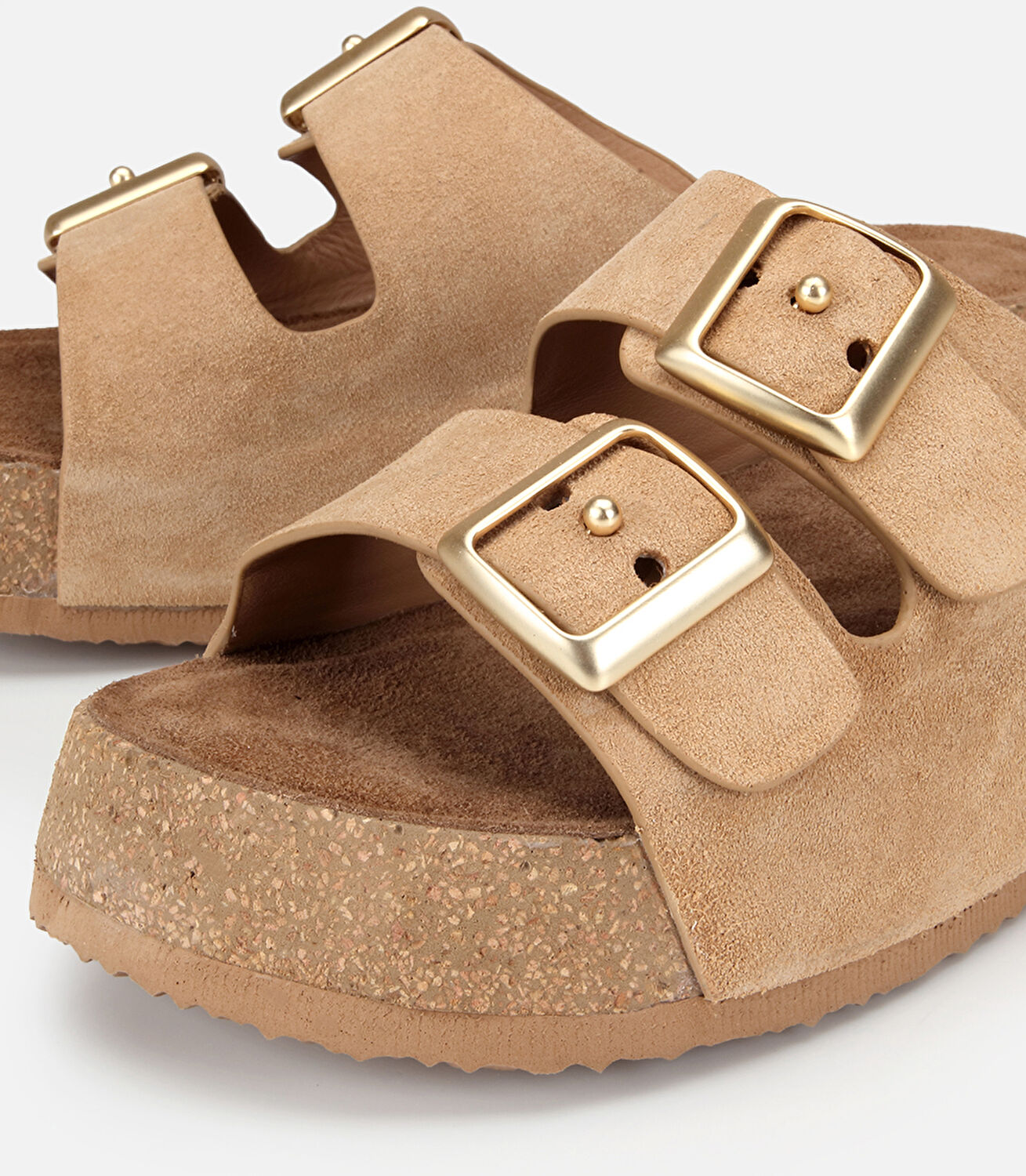 Kadın Deri Bej Toka Detaylı Kalın Tabanlı Düz Terlik