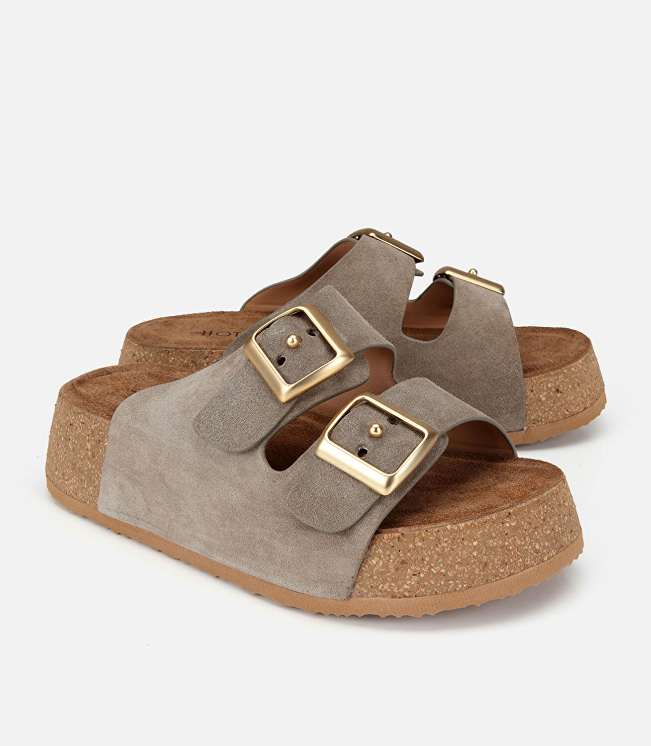 Kadın Deri Haki Toka Detaylı Kalın Tabanlı Düz Terlik