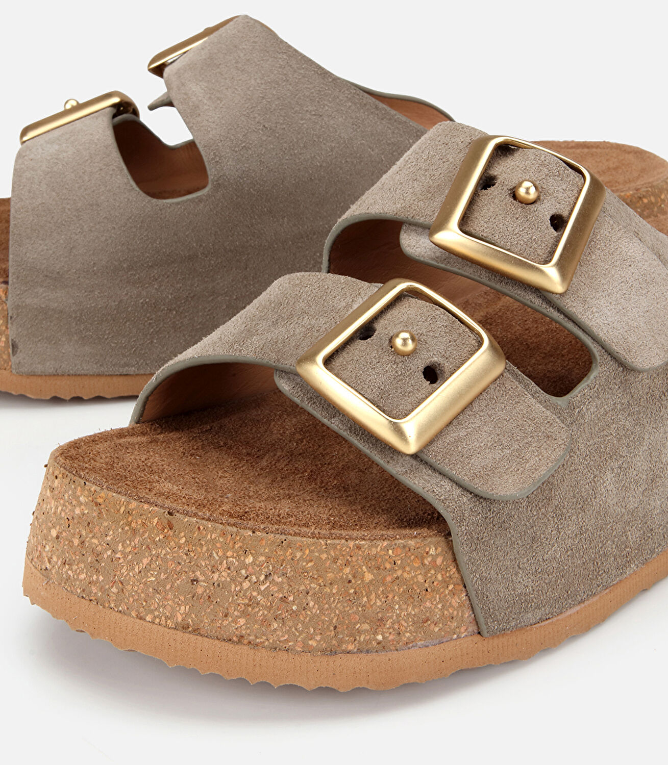 Kadın Deri Haki Toka Detaylı Kalın Tabanlı Düz Terlik