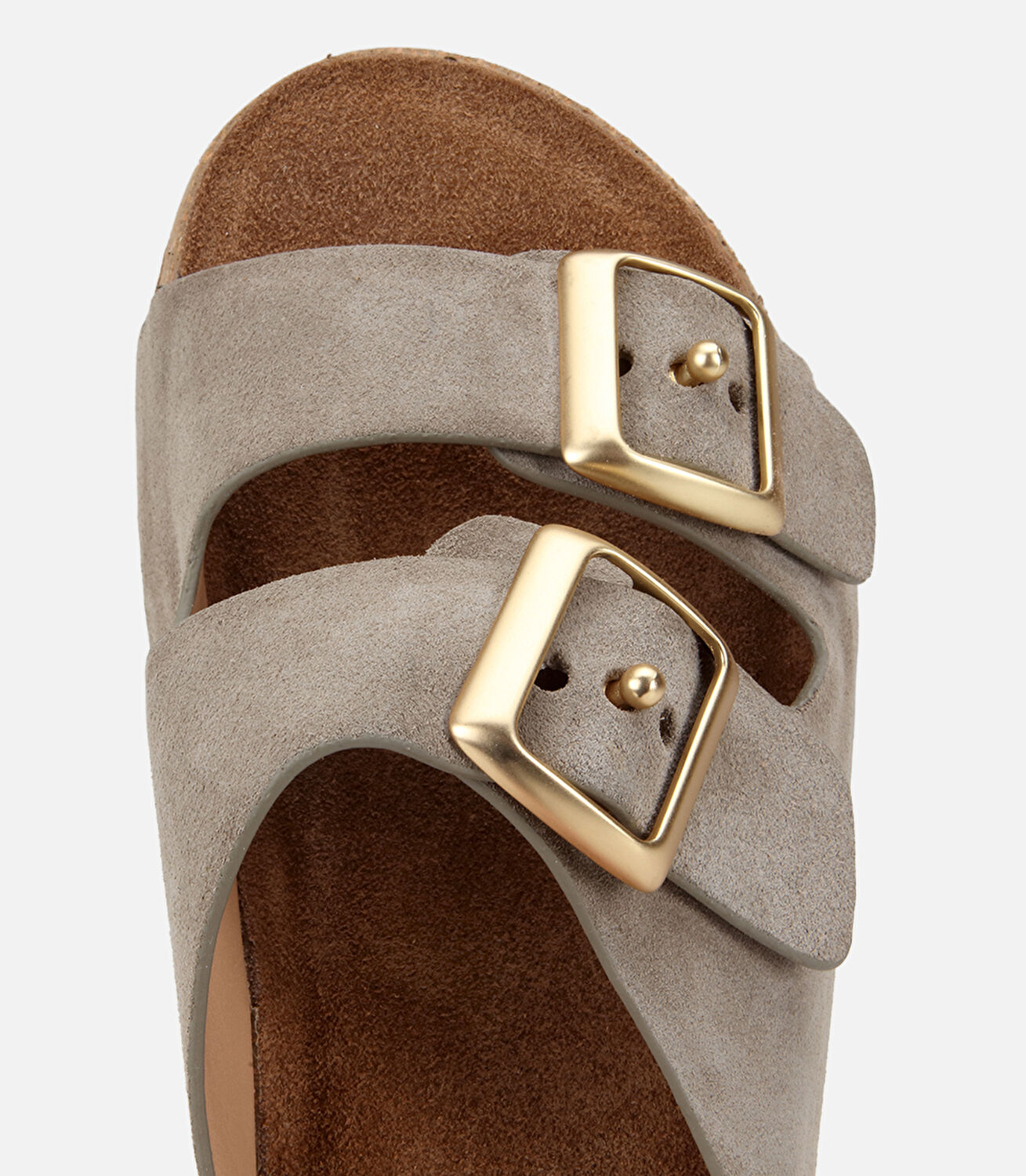 Kadın Deri Haki Toka Detaylı Kalın Tabanlı Düz Terlik