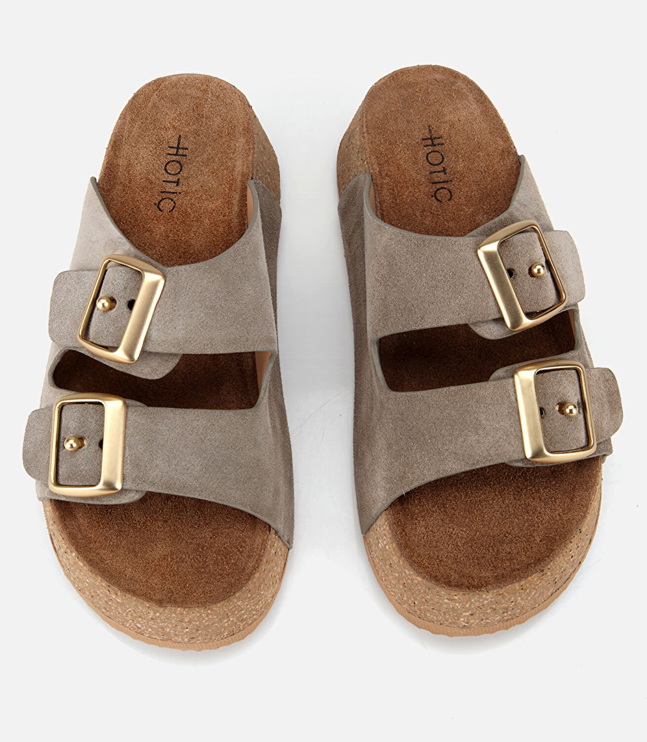 Kadın Deri Haki Toka Detaylı Kalın Tabanlı Düz Terlik