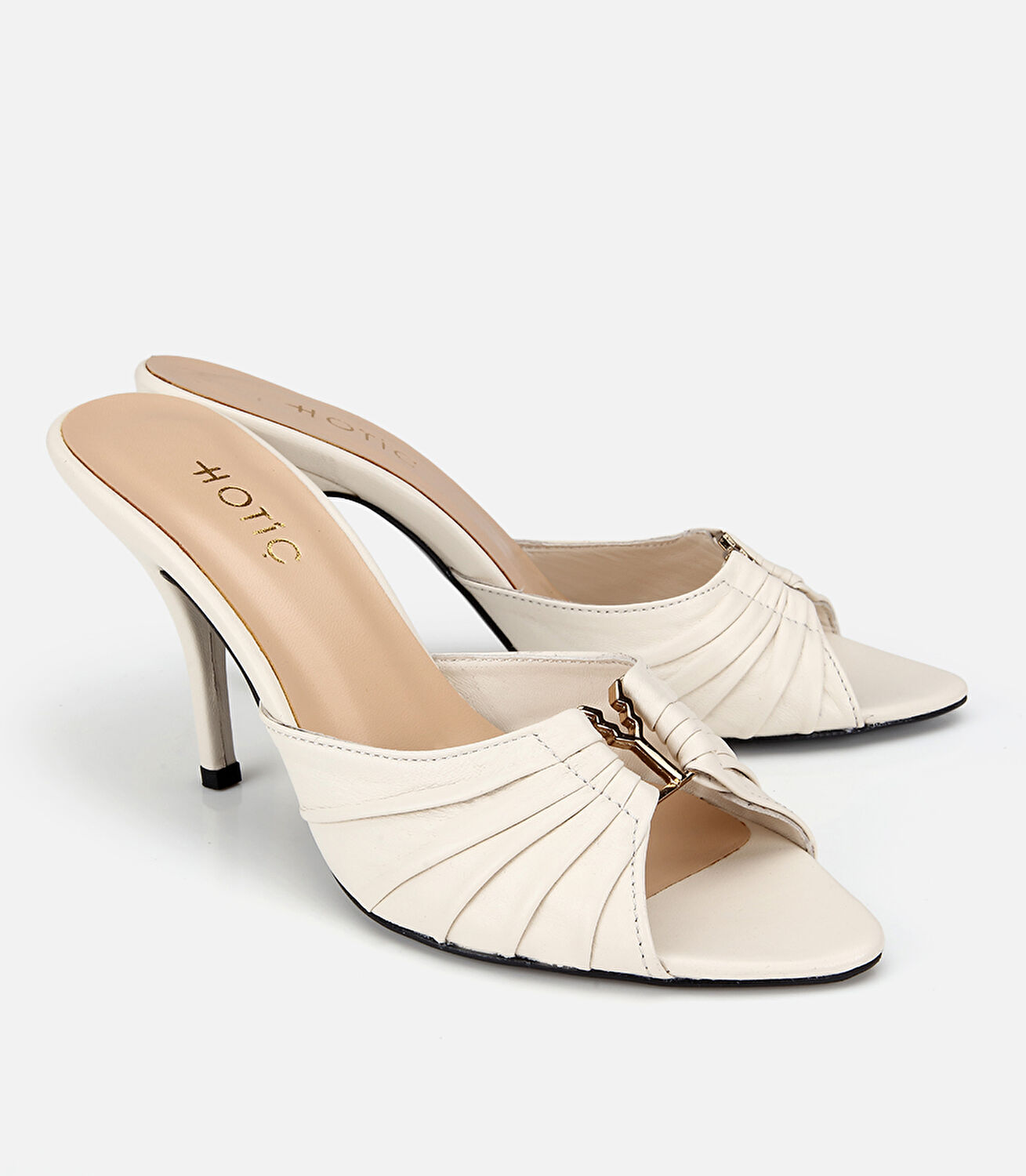 Kadın Deri Kemik Gold Toka Detaylı İnce Topuklu Terlik