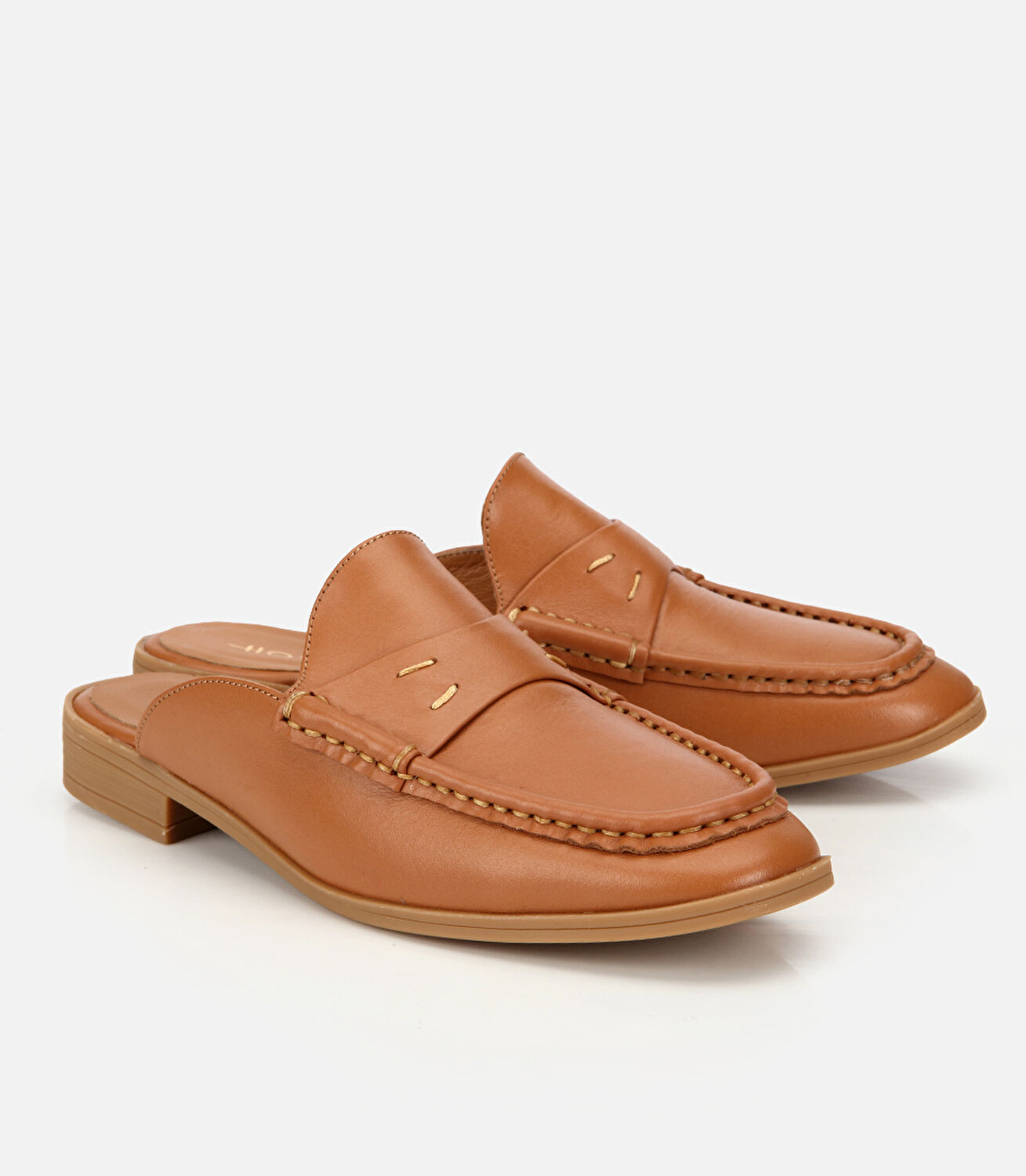 Kadın Deri Taba Dikiş Detaylı Düz Terlik