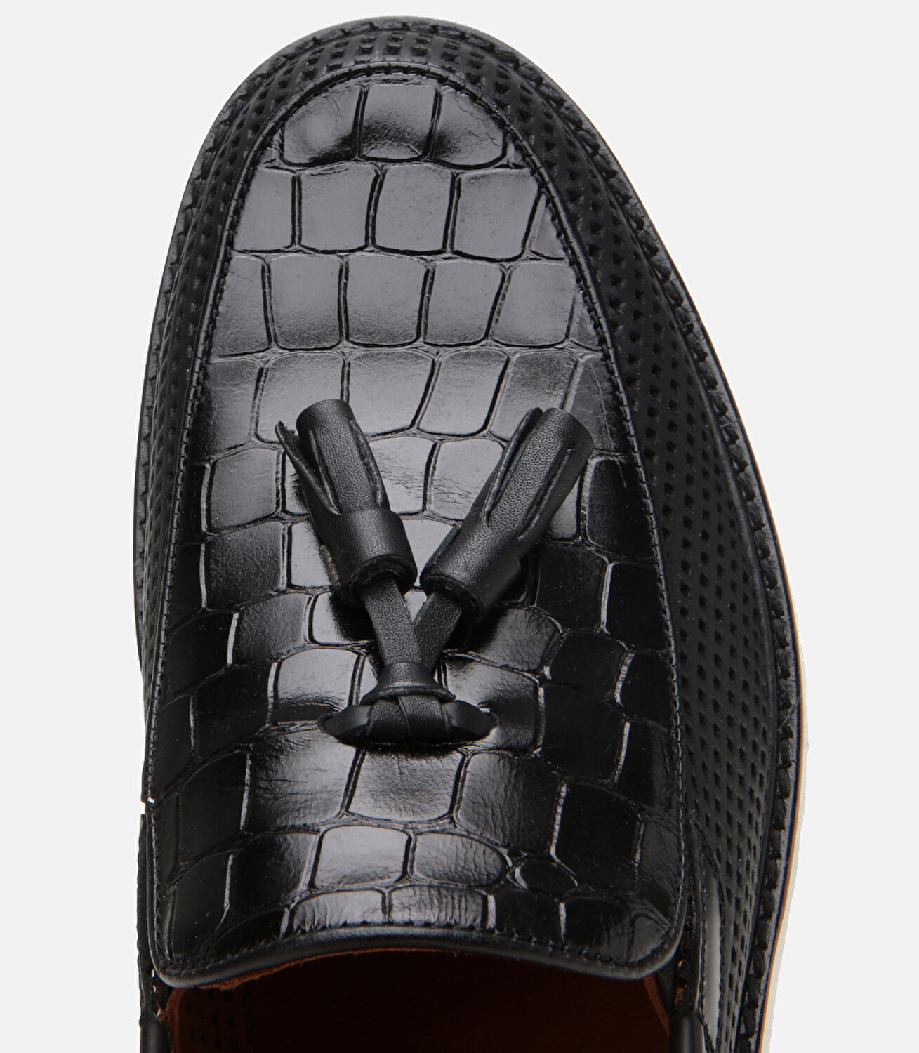 Erkek Deri Siyah Kroko Desenli Püskül Detaylı Günlük Loafer
