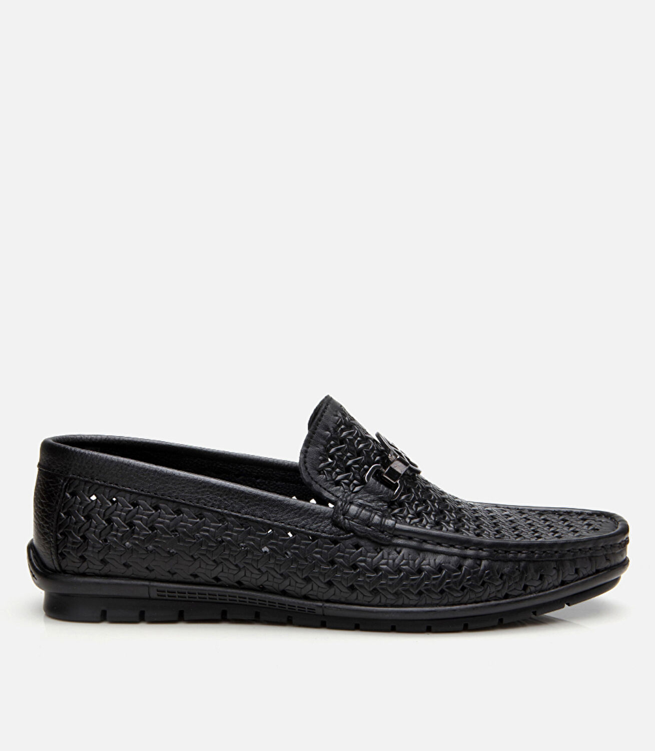 Erkek Deri Siyah Delikli Toka Detaylı Loafer