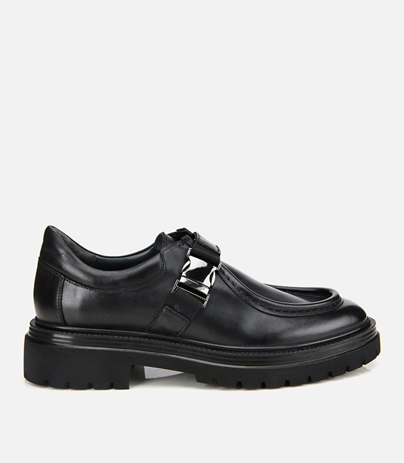 Erkek Deri Siyah Metal Tokalı Klasik Loafer