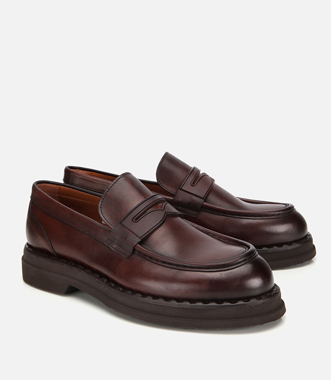 Erkek Deri Kahverengi Dikiş Detaylı Kalın Tabanlı Klasik Loafer