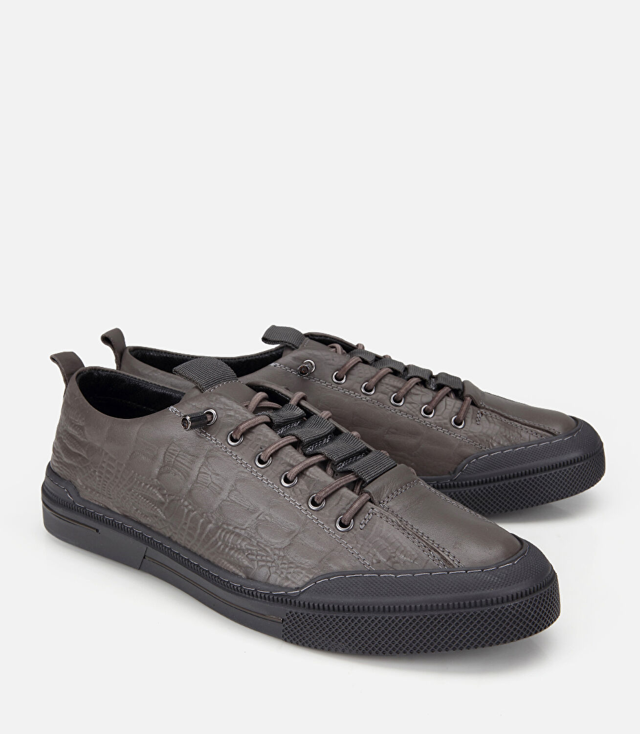 Erkek Deri Gri Bağcık Detaylı Düz Spor Ayakkabı