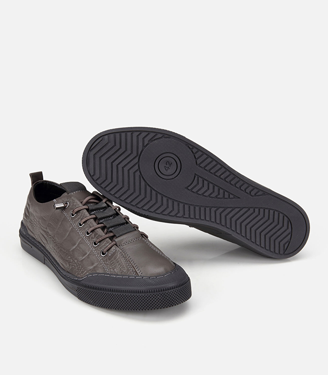 Erkek Deri Gri Bağcık Detaylı Düz Spor Ayakkabı