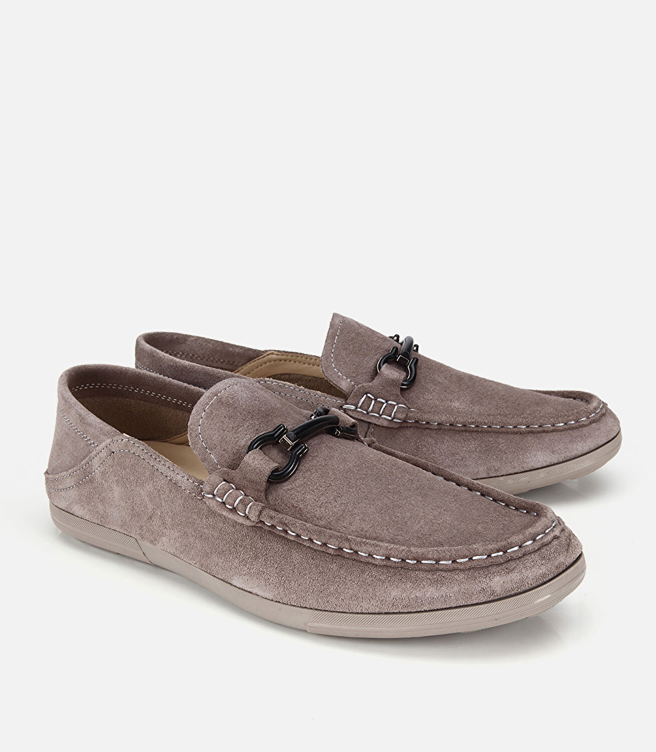 Erkek Süet Deri Gri Toka Detaylı Comfort Loafer Ayakkabı