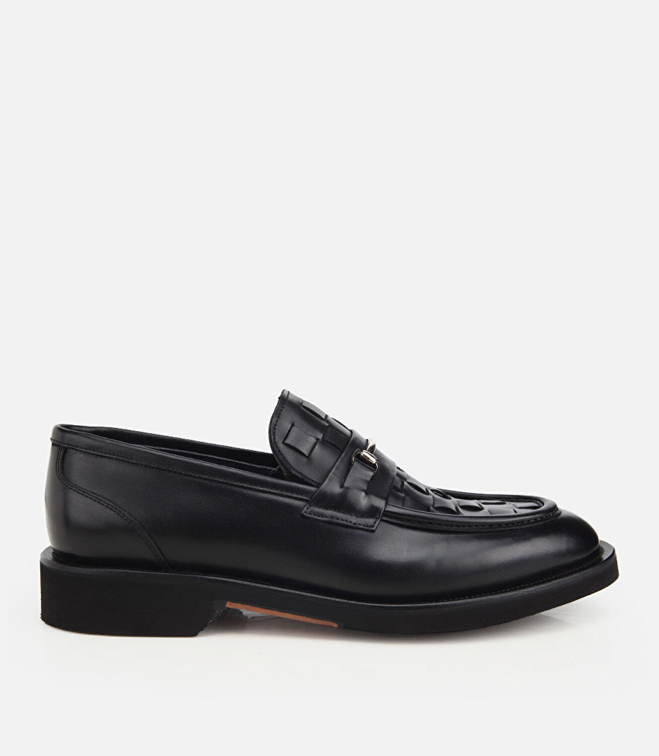 Erkek Deri Siyah Örme Metal Detaylı Klasik Loafer