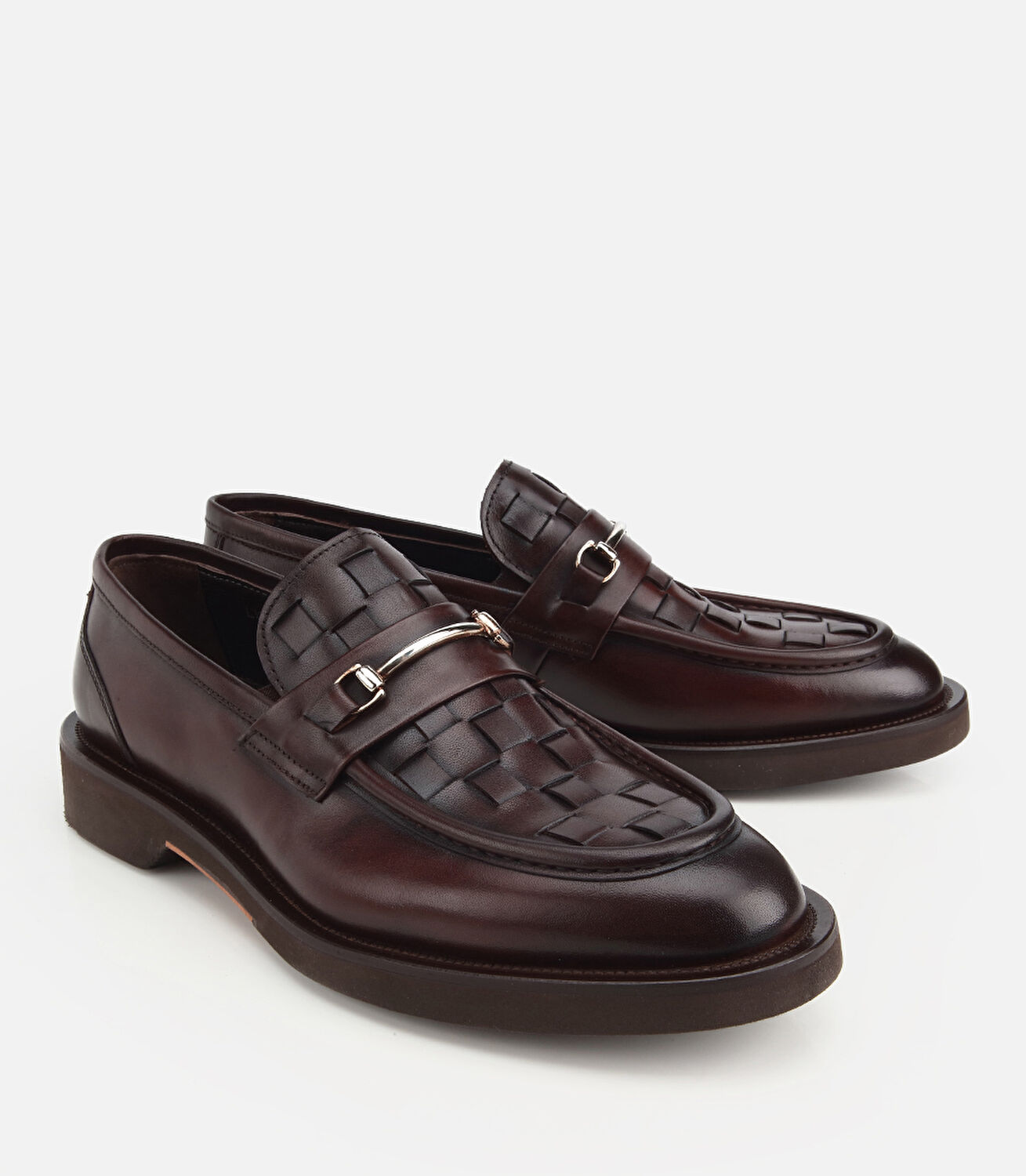 Erkek Deri Kahverengi Örme Metal Detaylı Klasik Loafer