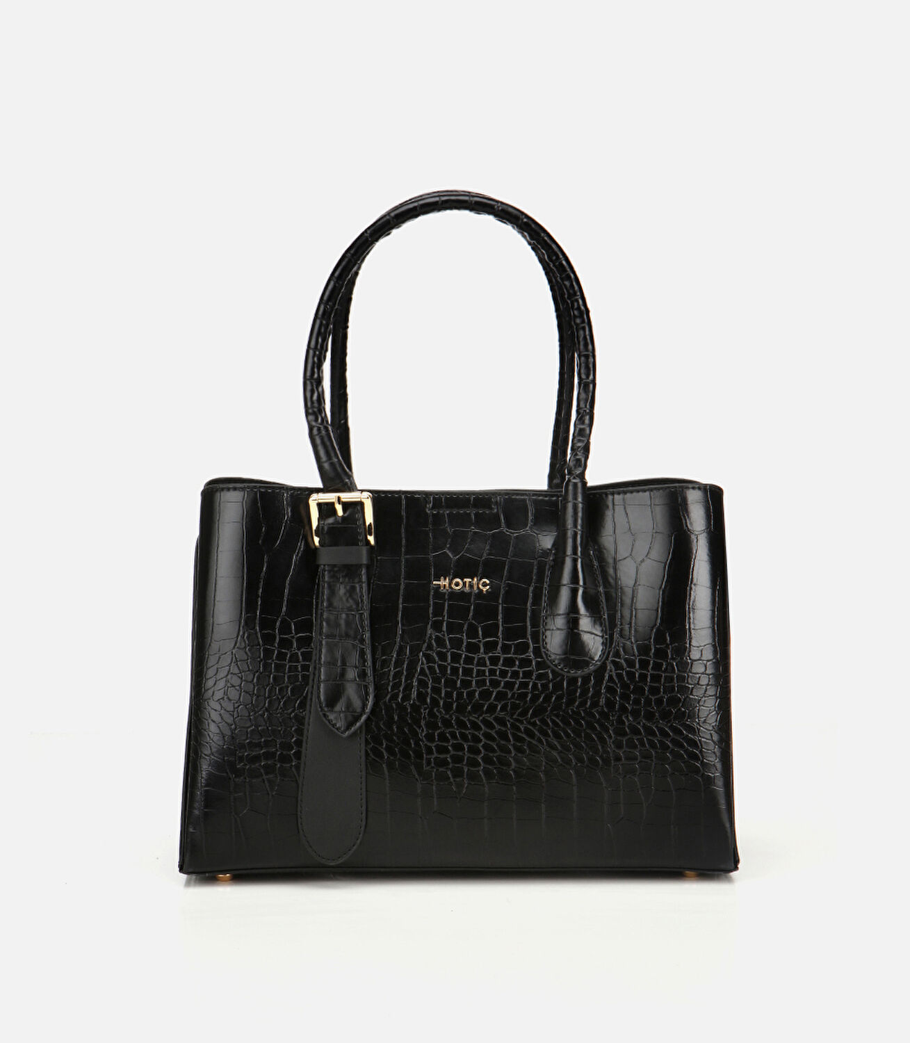 Kadın Siyah Kroko Baskılı Kemer Detaylı Omuz Çantası