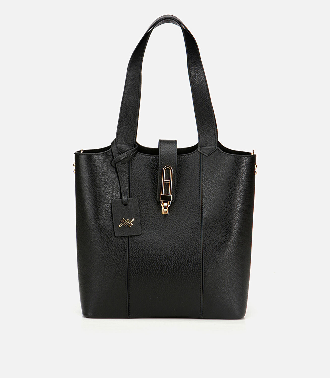 Kadın Deri Siyah Kilit Detaylı Tote Çanta