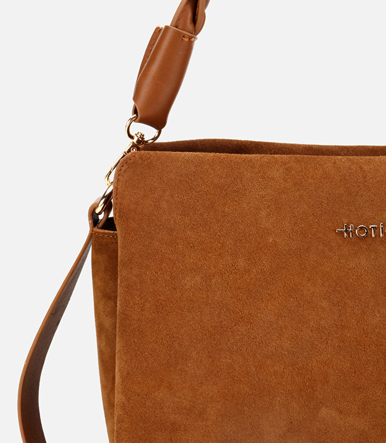 Kadın Süet Deri Taba Örgü Askı Detaylı Omuz Çantası