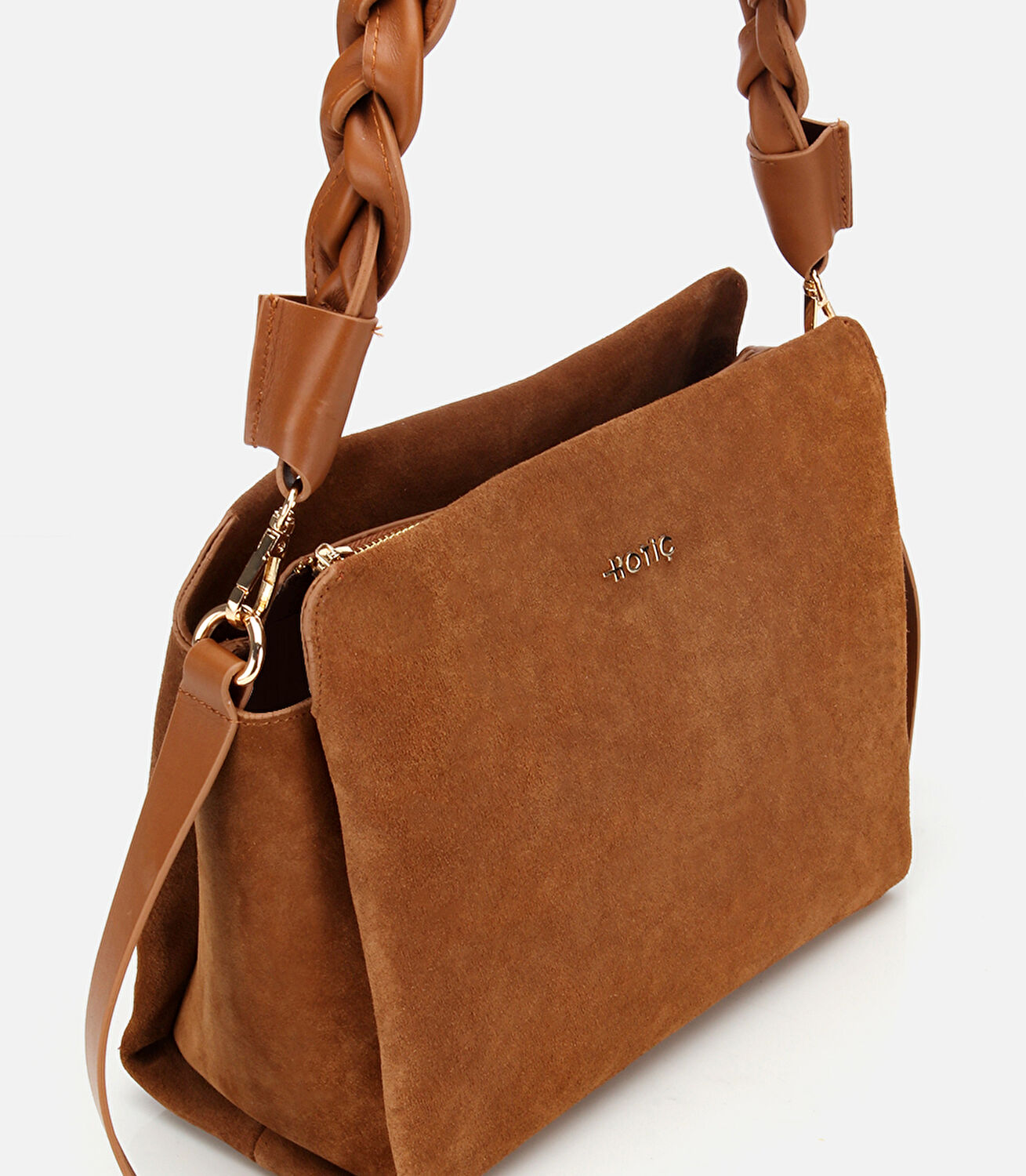 Kadın Süet Deri Taba Örgü Askı Detaylı Omuz Çantası