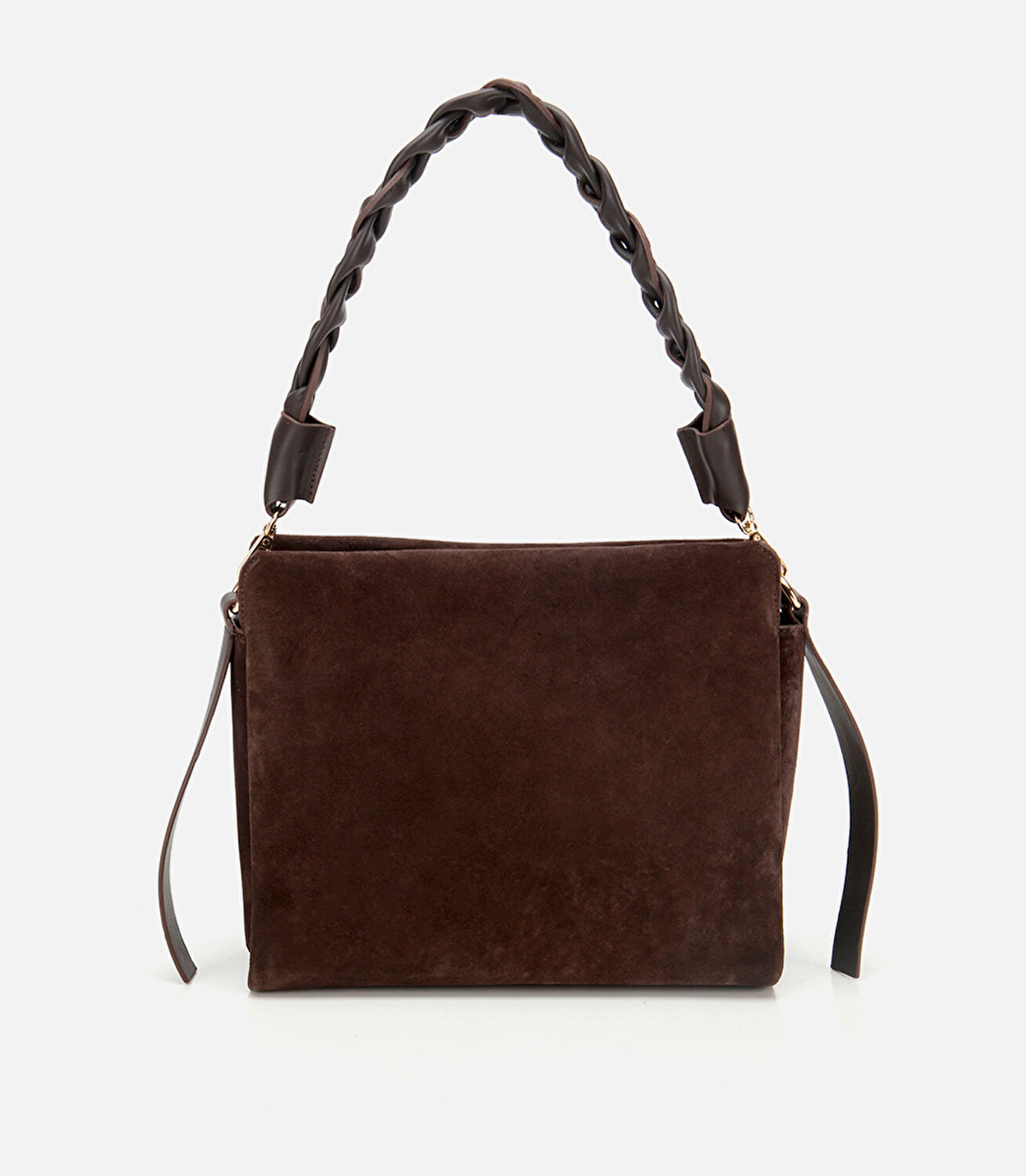 Kadın Süet Deri Kahverengi Örgü Askı Detaylı Omuz Çantası