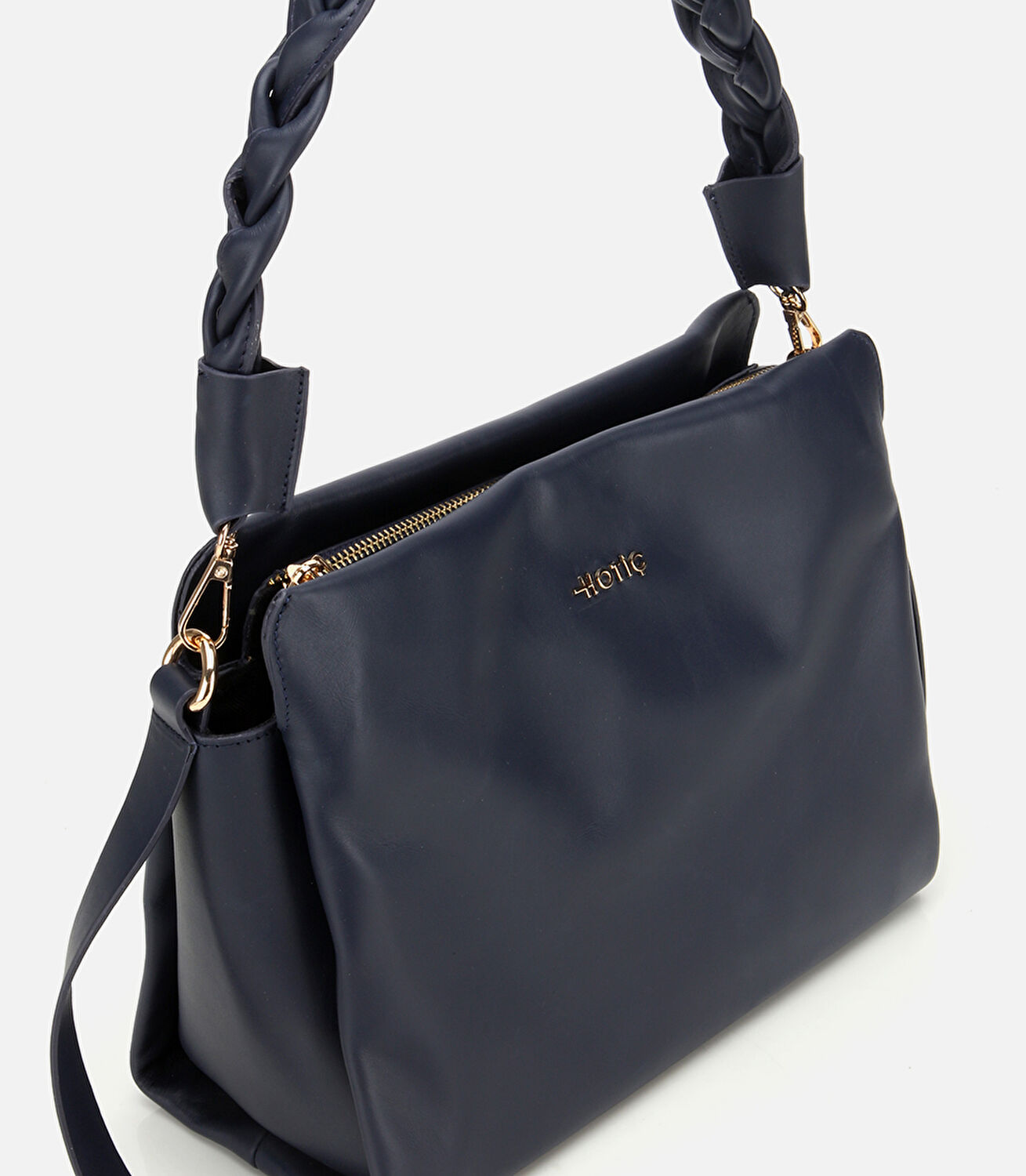 Kadın Deri Lacivert Yumuşak Dokulu Örgü Askı Detaylı Omuz Çantası