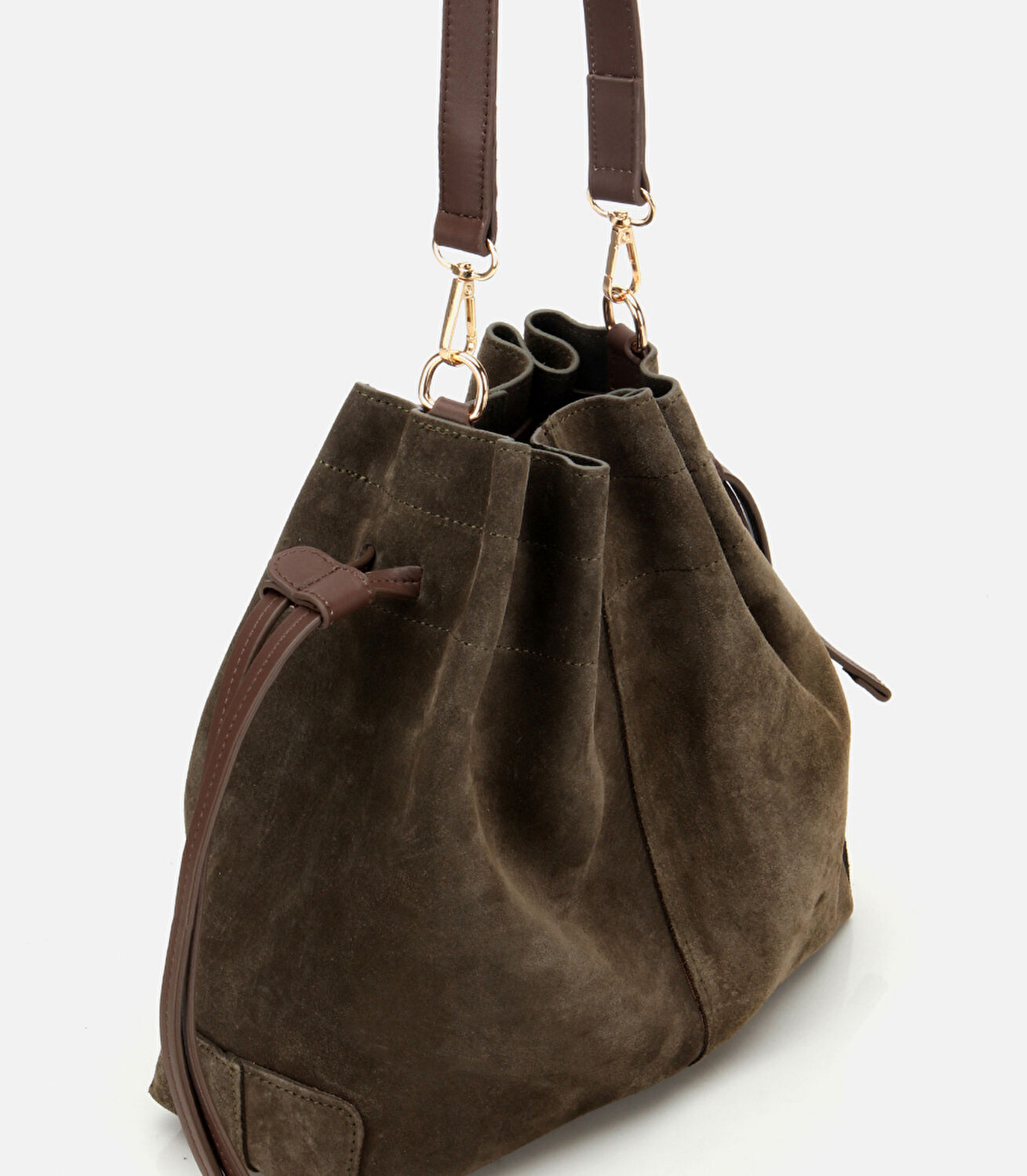 Kadın Süet Deri Haki Bucket Omuz Çantası