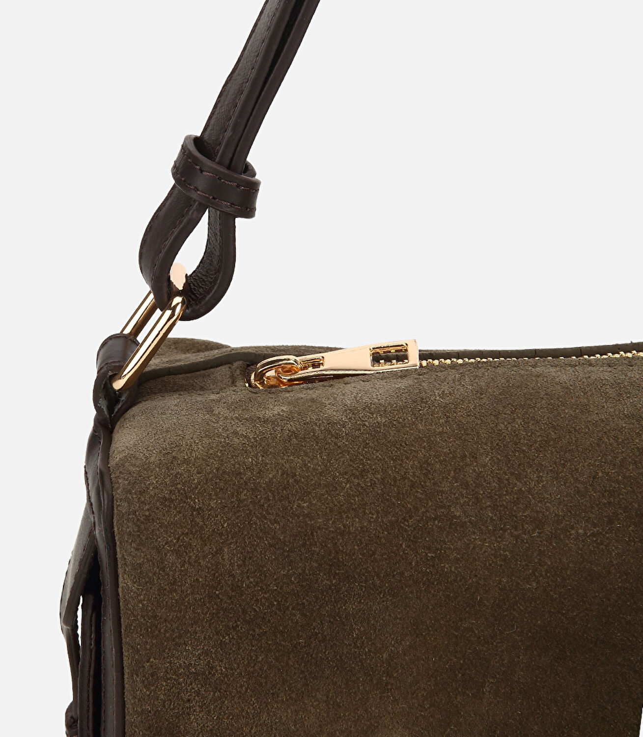 Kadın Süet Deri Haki Bowling Omuz Çantası