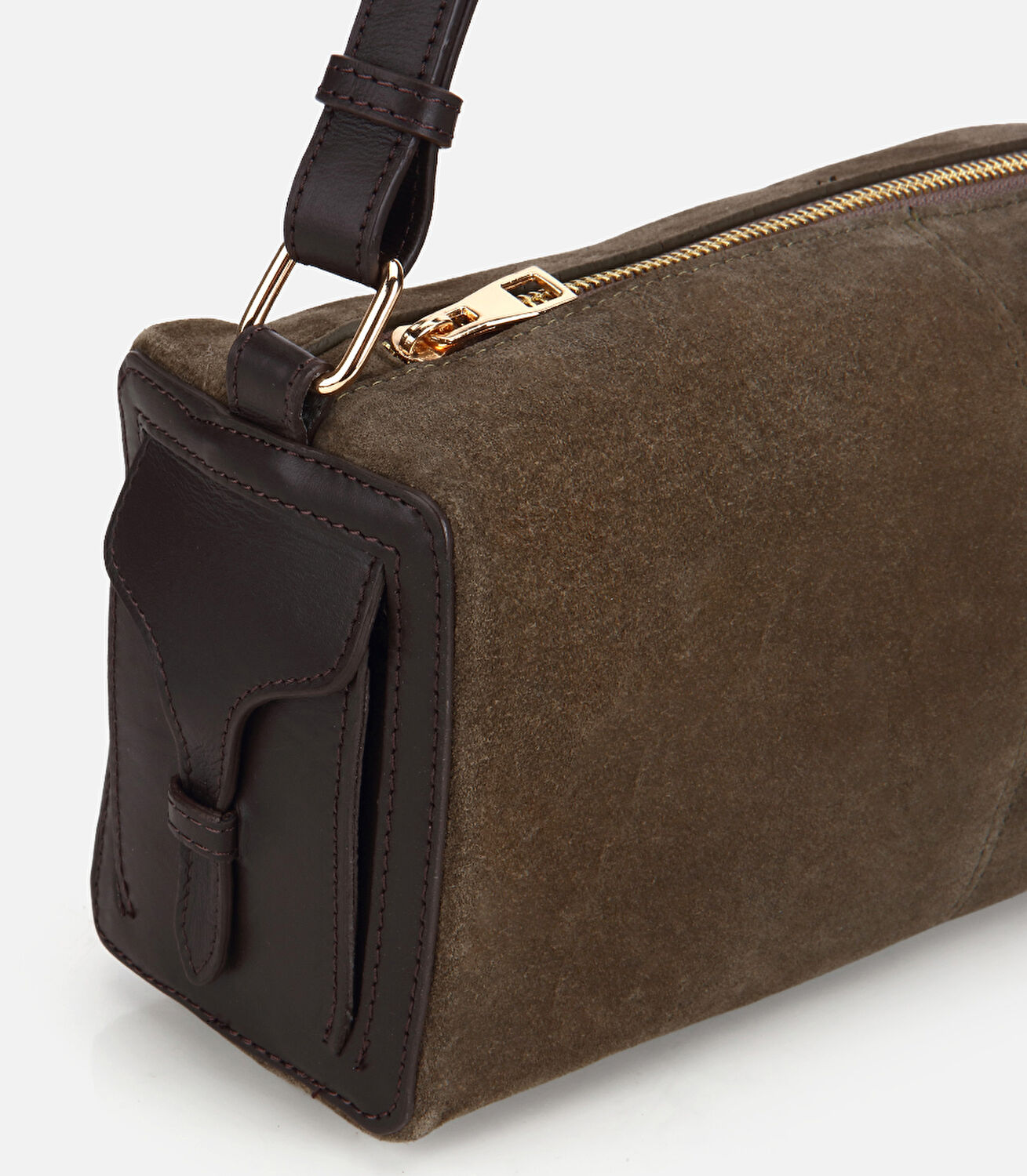 Kadın Süet Deri Haki Bowling Omuz Çantası