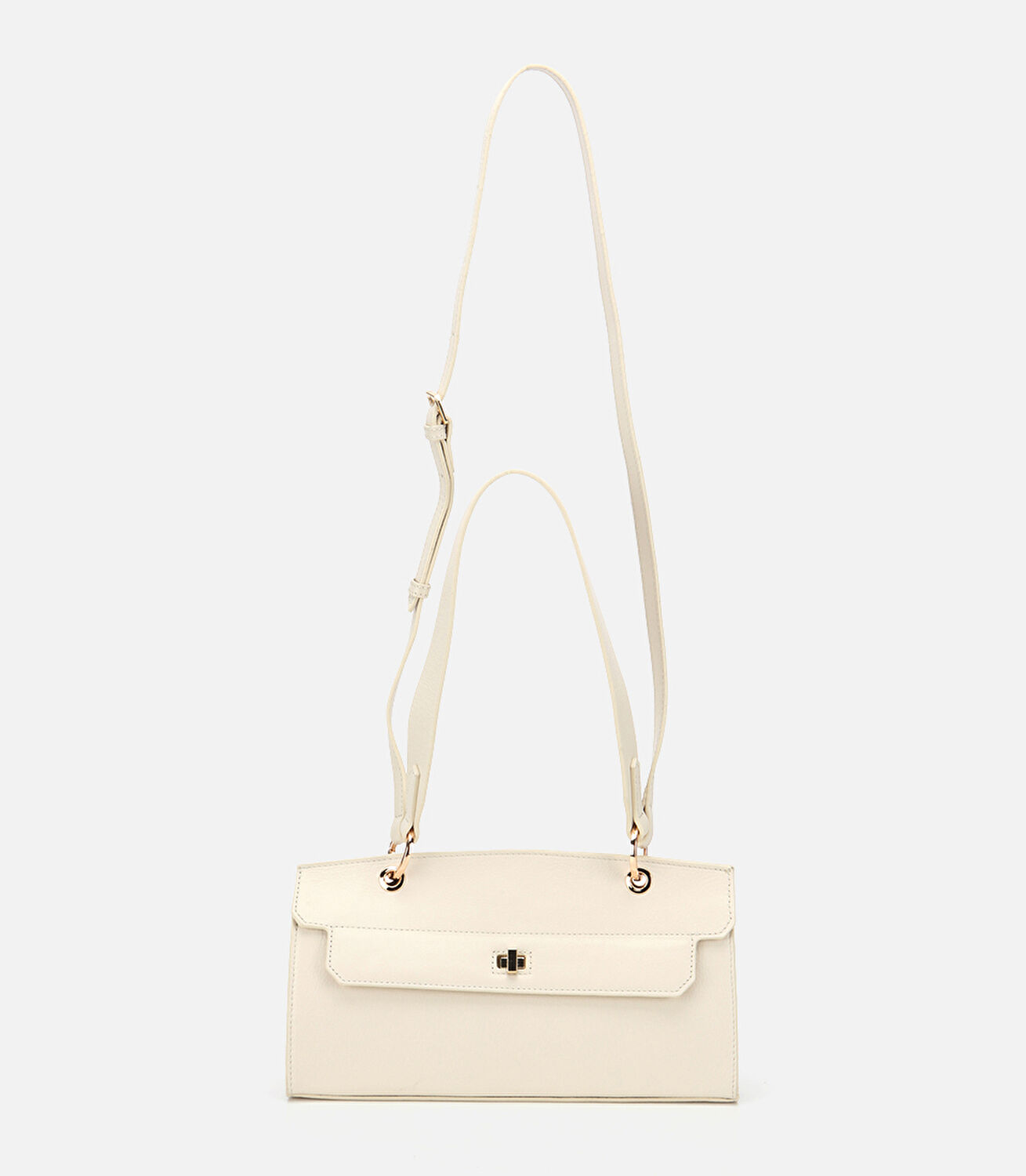 Kadın Deri Ekru Kilit Detaylı Omuz Çantası