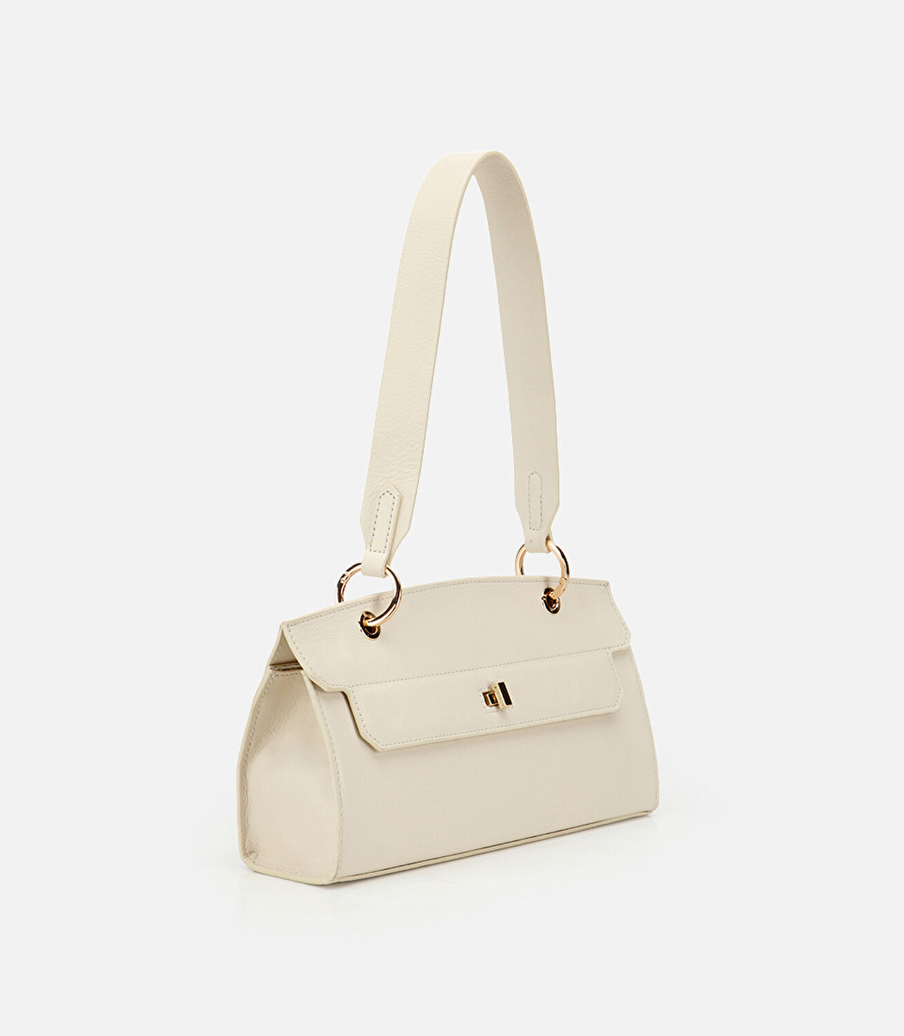 Kadın Deri Ekru Kilit Detaylı Omuz Çantası