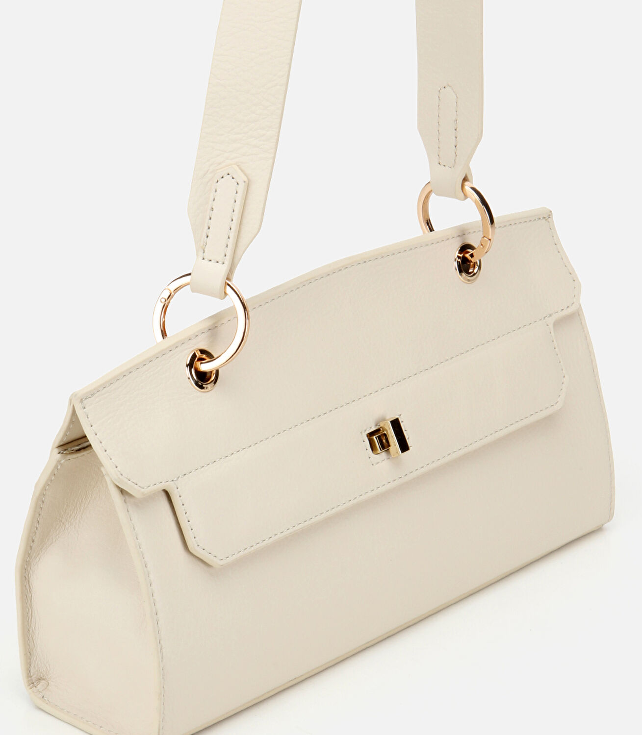 Kadın Deri Ekru Kilit Detaylı Omuz Çantası