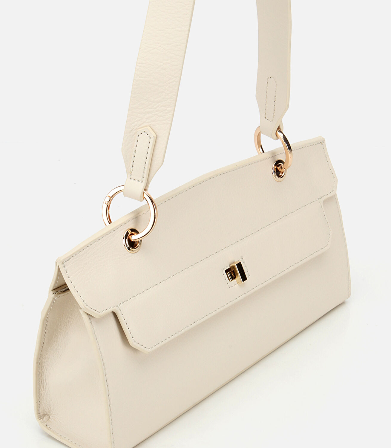 Kadın Deri Ekru Kilit Detaylı Omuz Çantası